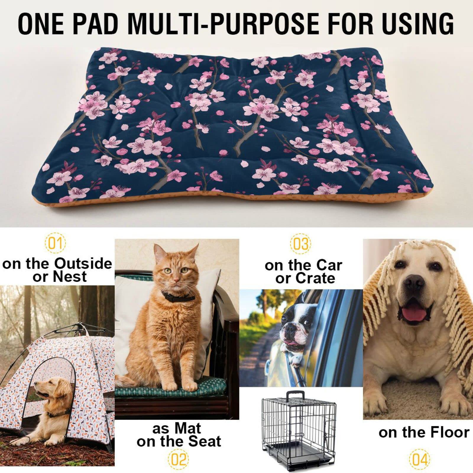 Coikll Pink Cherry Blossom Branches Pet Bed Pad Soft Dog Bed Mat With Anti-Slip Bottom, Machine Washable Crate Pad Mattress For