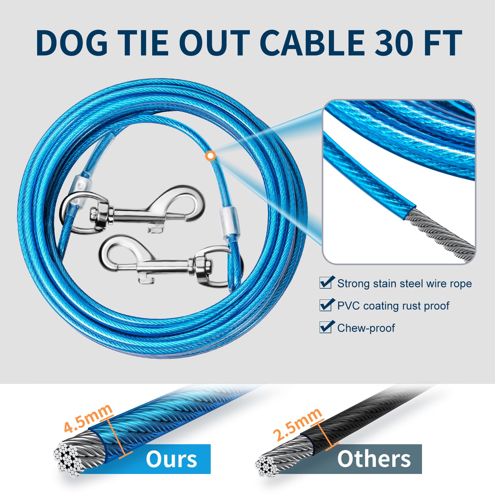 Dog Tie Out Cable, 50 Ft Heavy Duty Dogs Lead Cable With Detachable Shock Spring, Dog Runner Chains For Outside Yard Camping Hol