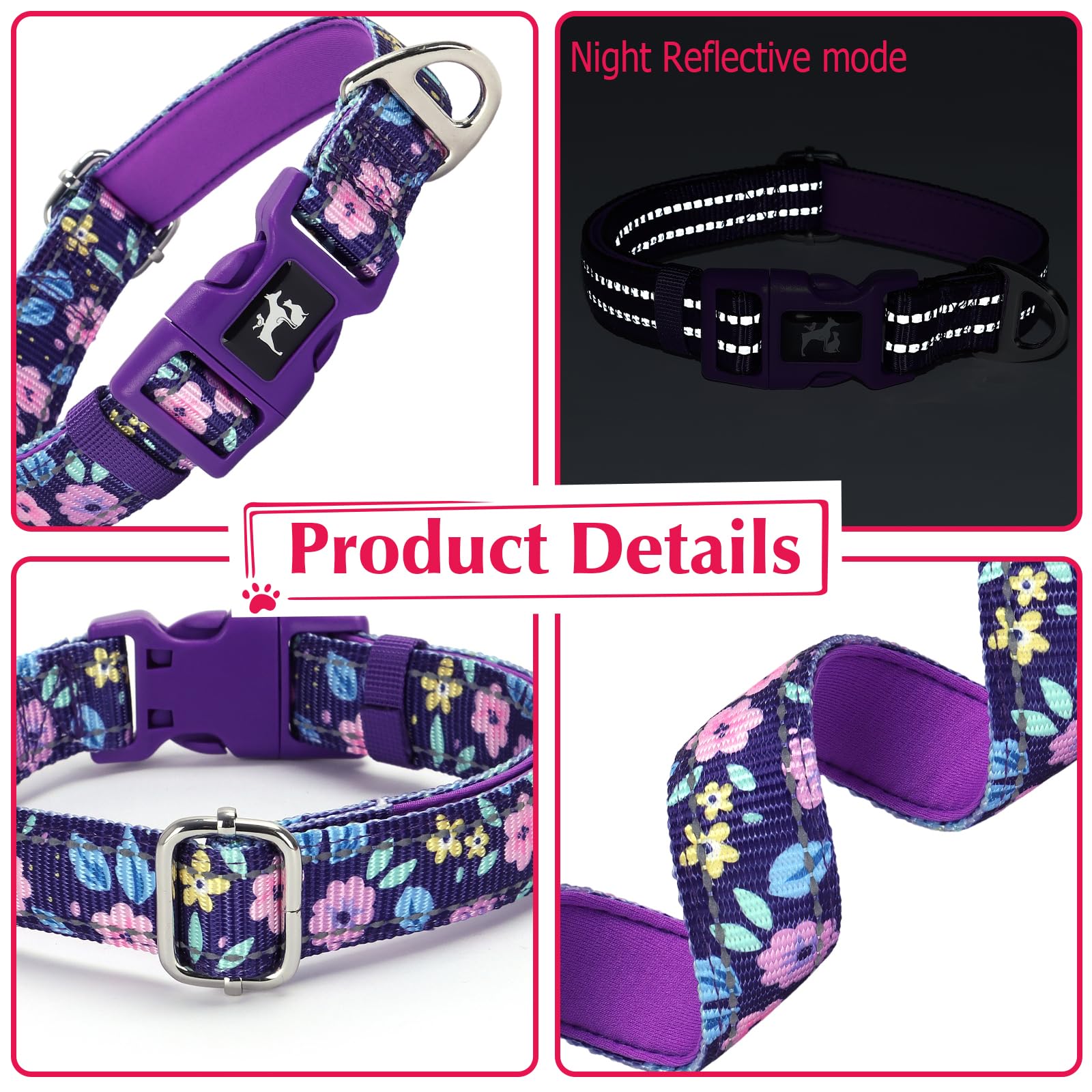 Onefojojo Reflective Dog Collar Padded With Soft Neoprene Breathable Quick Release Female Dog Collars For Medium Large Extra Lar