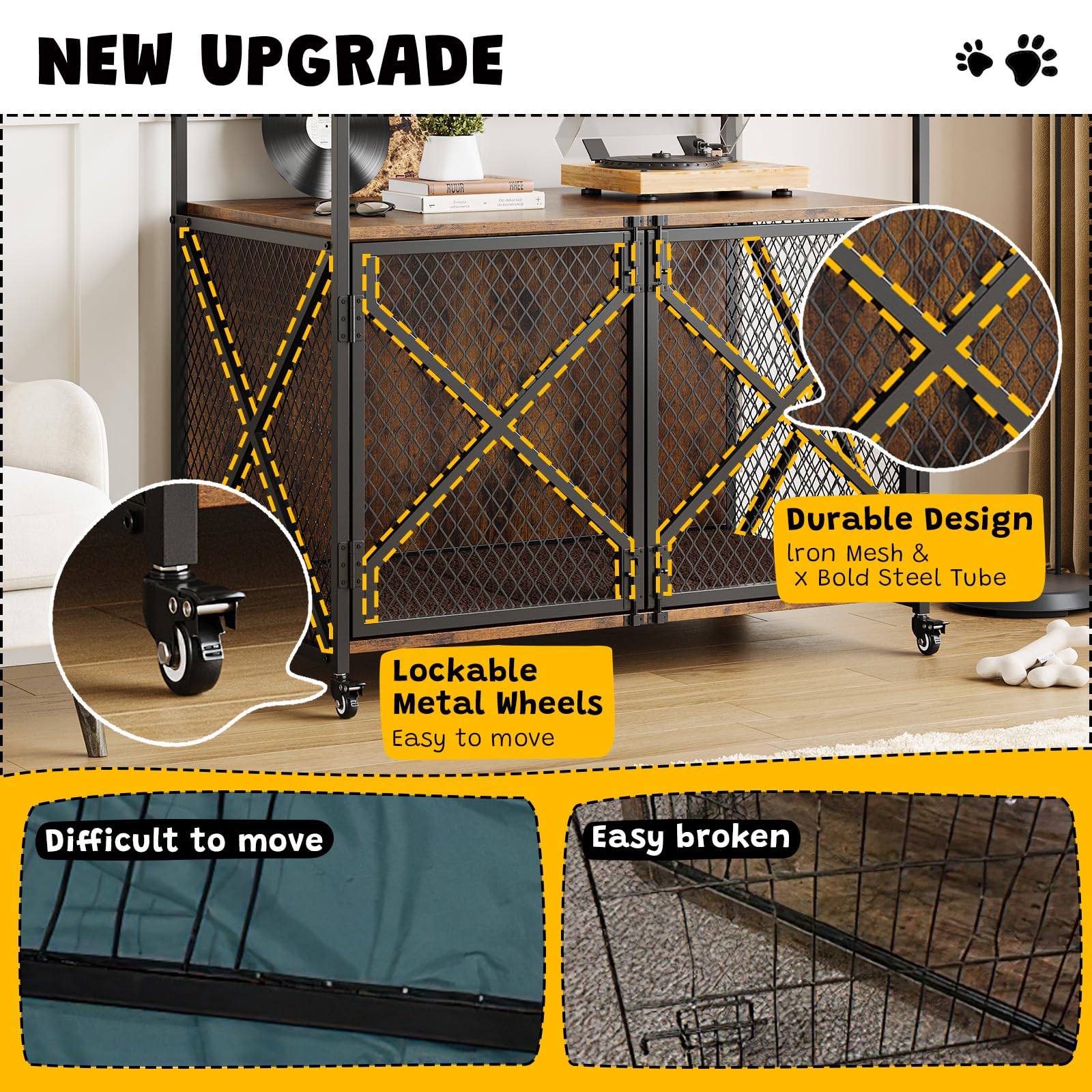 GarveeLife 41 Inch Dog Crate Furniture, Heavy Duty Decorative Dog Cage with Lockable 360 Wheels, Double Door Dog Kennel End Tabl