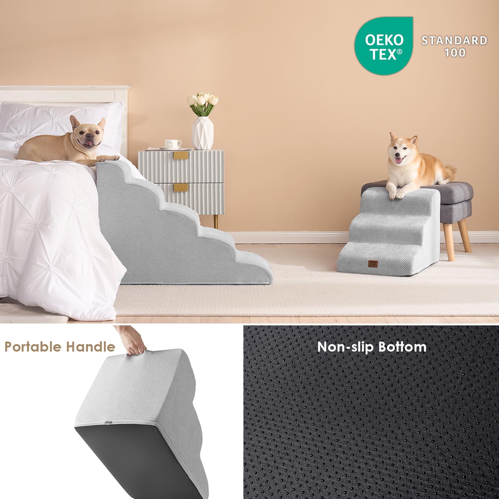 Eheyciga Curved Dog Stairs Ramp For High Beds 22.6' H, 5-Step Dog Steps For Small Dogs And Cats, Pet Stairs For High Bed Climbing, Non-Slip Balanced Pet Step Indoor, Light Grey