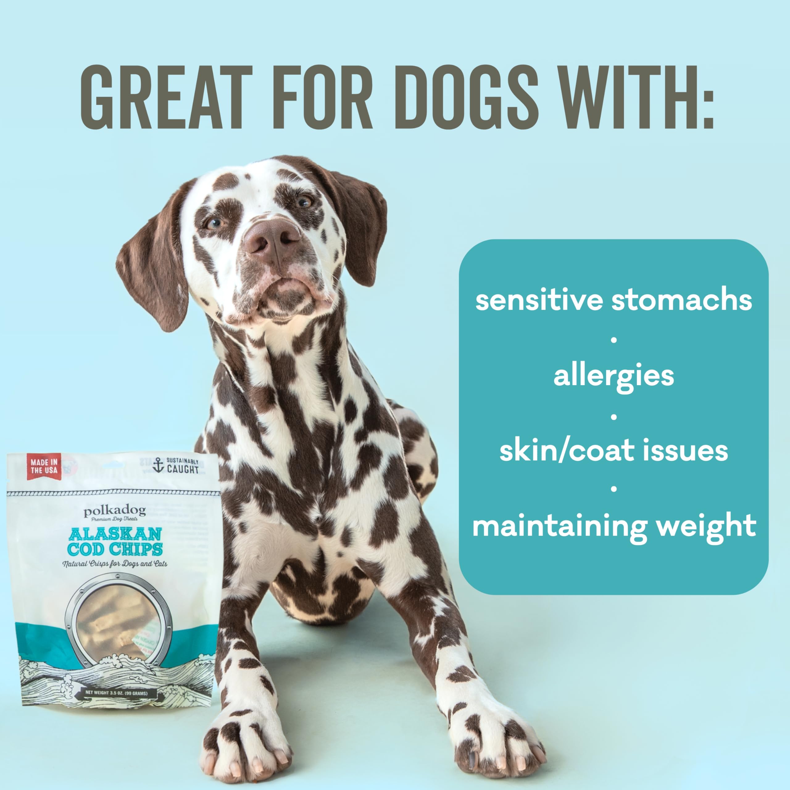 Polkadog Crunchy Alaskan Cod Chip Dog Treats - 100% Wild-Caught Fish Treat for Dogs, Cats - All-Natural, Grain-Free, Gluten-Free