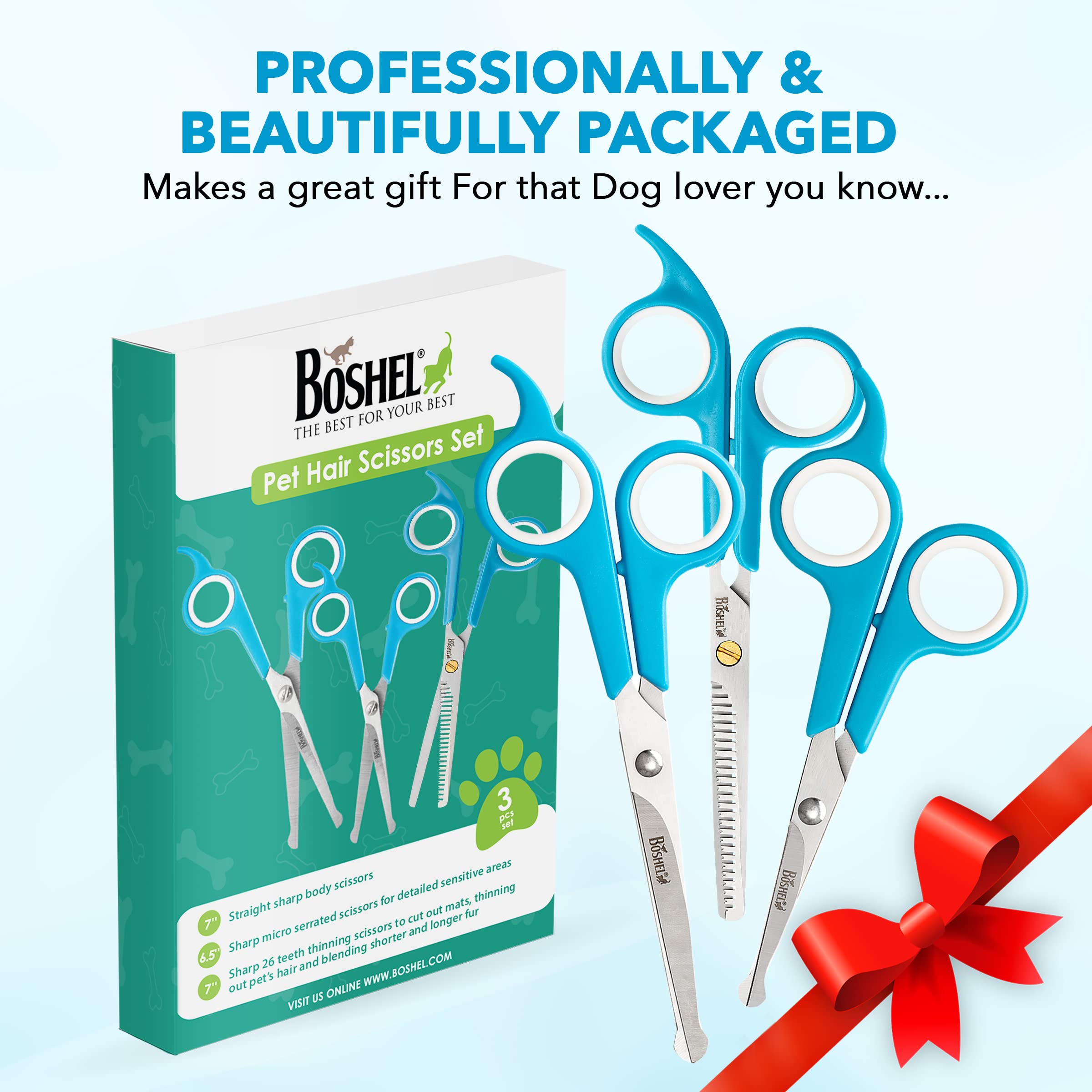 Boshel 3 Pc Dog Grooming Scissors Kit - 7' Scissor For Body Hair Trimming, 6' Small Micro-Serrated Scissor For Face, Ear, & Paws, Thinning Shears For Dogs - Professional Dog Grooming Kit For Cat & Pet