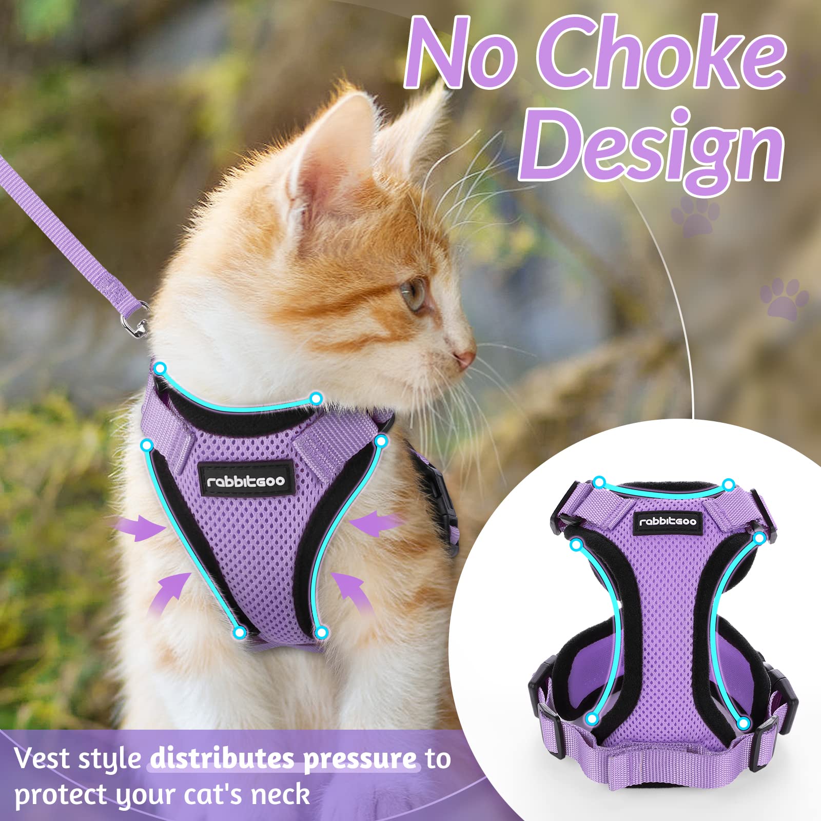 Rabbitgoo Cat Harness And Leash For Walking, Escape Proof Soft Adjustable Vest Harnesses For Cats, Easy Control Breathable Reflective Strips Jacket, Light Purple, Xxs