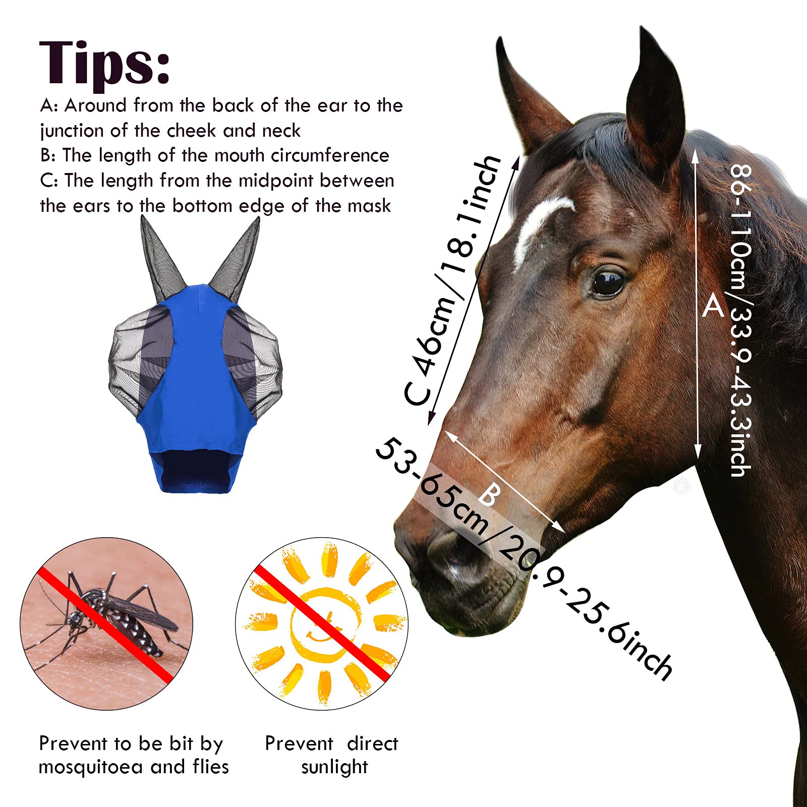 Weewooday 2 Pieces Horse Fly Masks for Horses Horse Mask with Ears Smooth and Elasticity Fly Mask with UV Protection(Royal Blue,