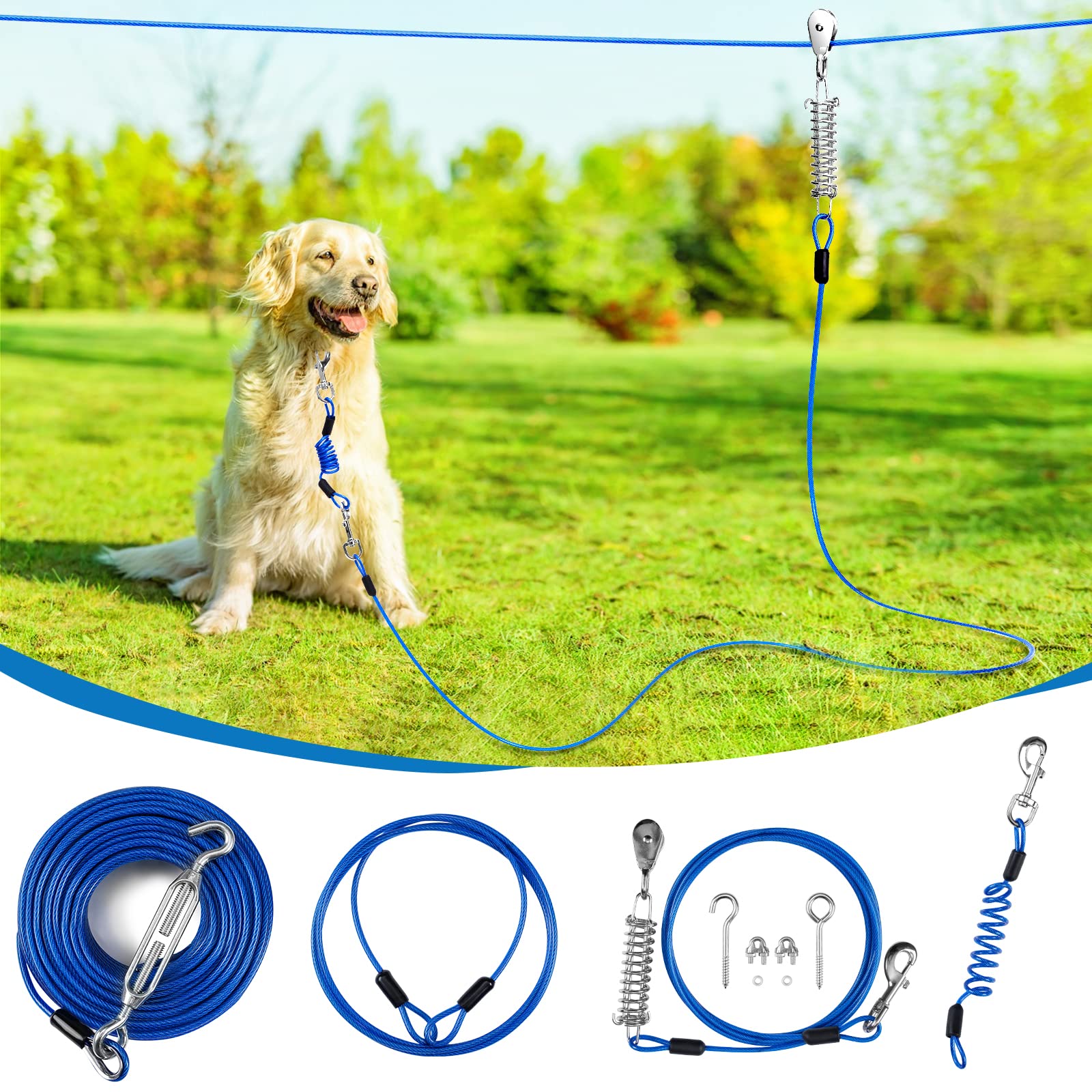Duckygoo Upgraded Dog Runner for Yard, Dog Trolley System with Elastic Cable for Large Dog, 100ft Dog Tie Out Cable with 10ft Do