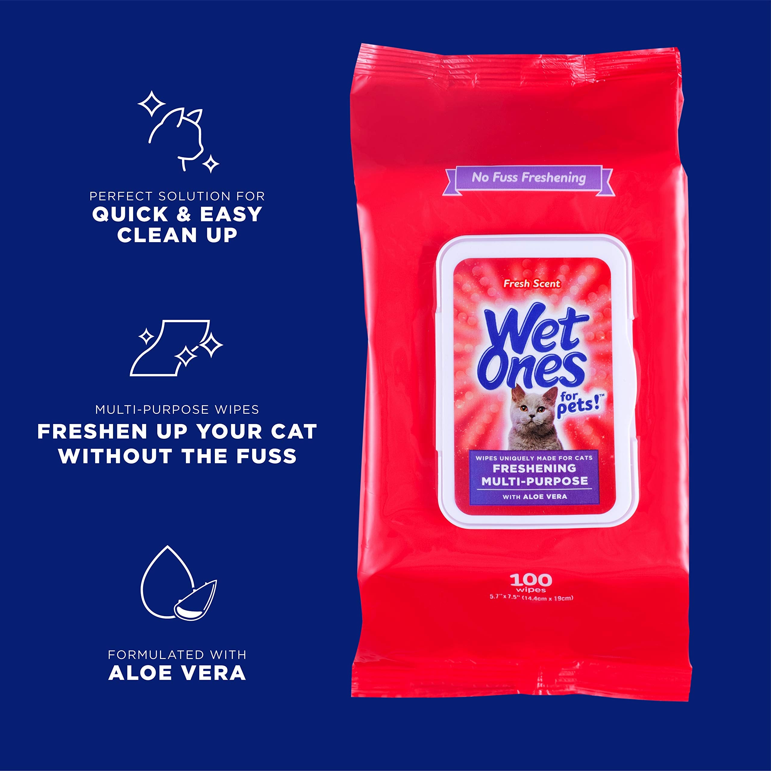 Wet Ones For Pets Freshening Multipurpose Wipes For Cats With Aloe Vera, 100 Ct - 3 Pack | Easy To Use Cat Cleaning Wipes, Fresh