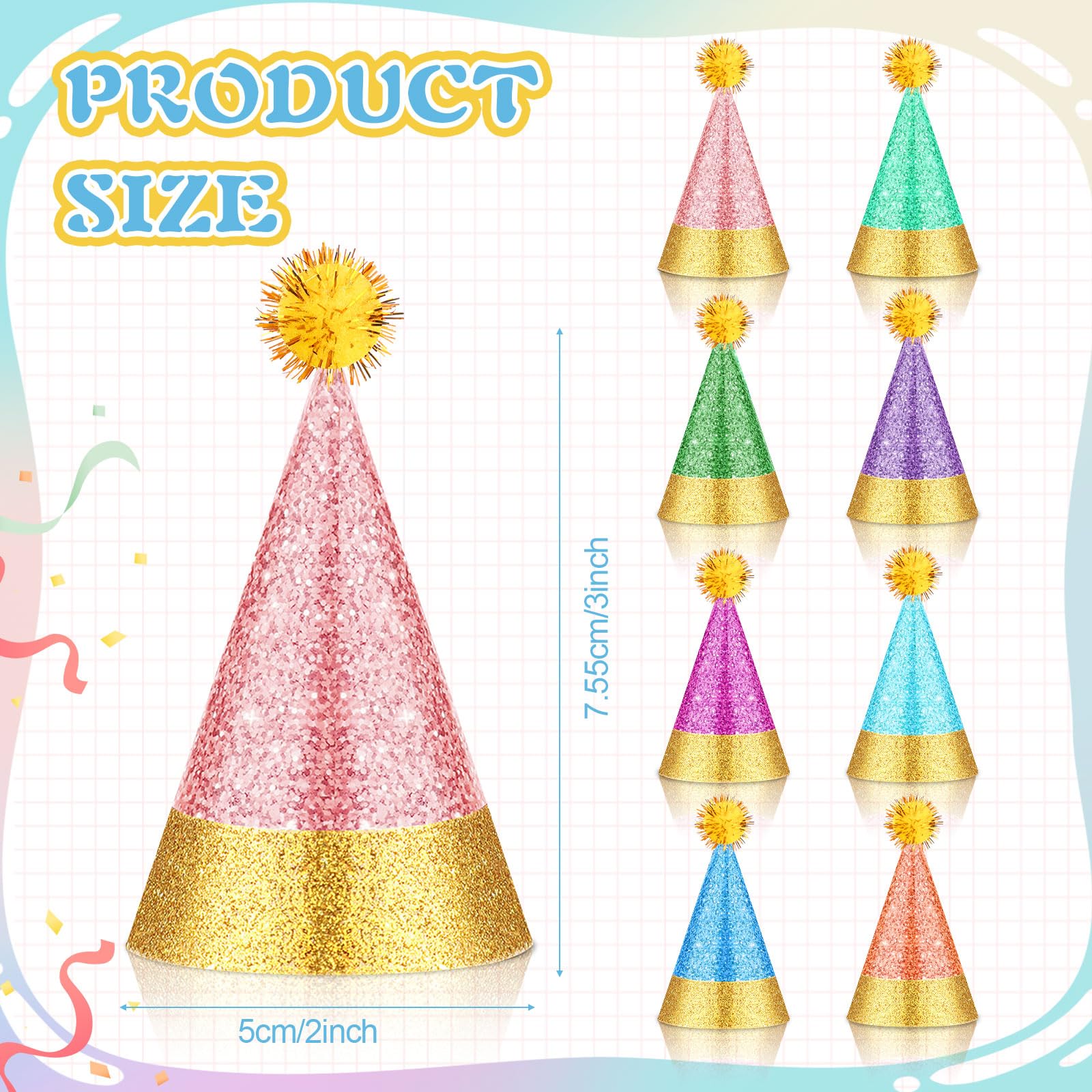 Sonwyoung 40 Pcs Mini Party Hats With Pompoms, Glitter Stuffed Animals Birthday Party Cone Hat For Stuffed Animals Pets