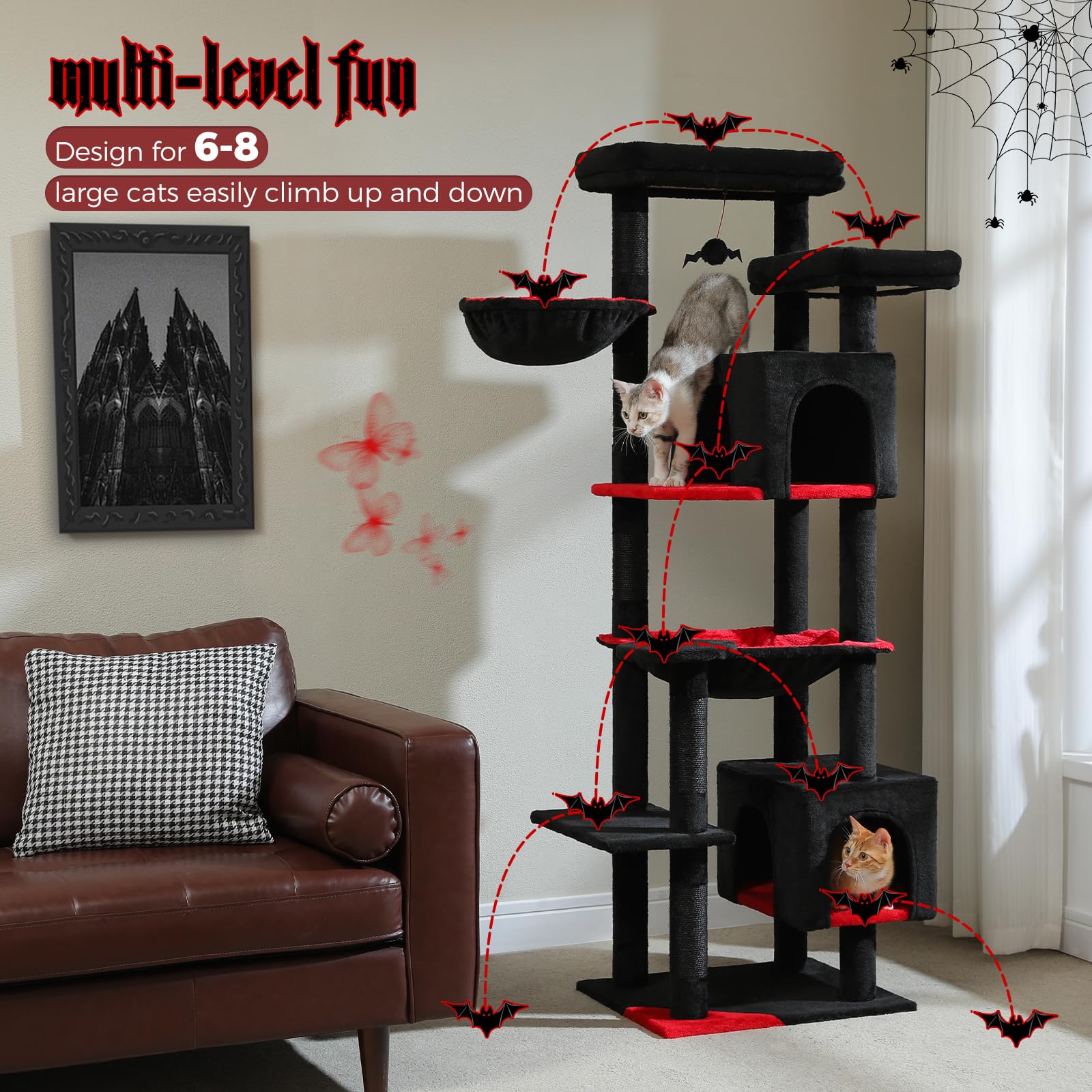 Petepela 69'' Gothic Cat Tree For Indoor Large Cats, Cat Tower For Adult Cats With Big Hammock [18.5''X15.3''], Cat Climbing Tre