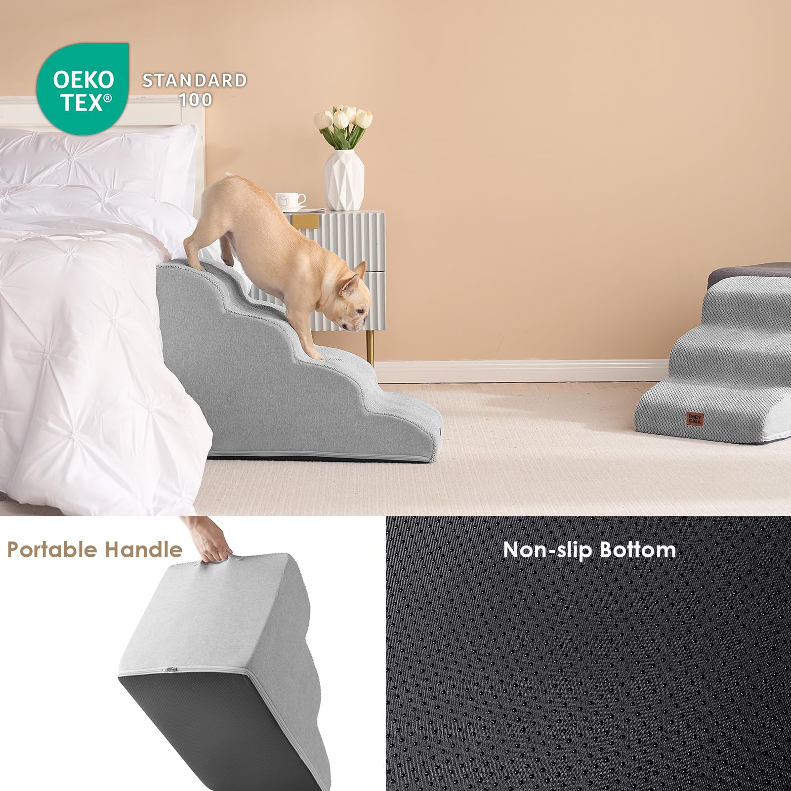 Eheyciga Curved Dog Stairs Ramp For High Beds 19.7' H, 4-Step Dog Steps For Small Dogs And Cats, Pet Stairs For High Bed Climbing, Non-Slip Balanced Pet Step Indoor, Light Grey