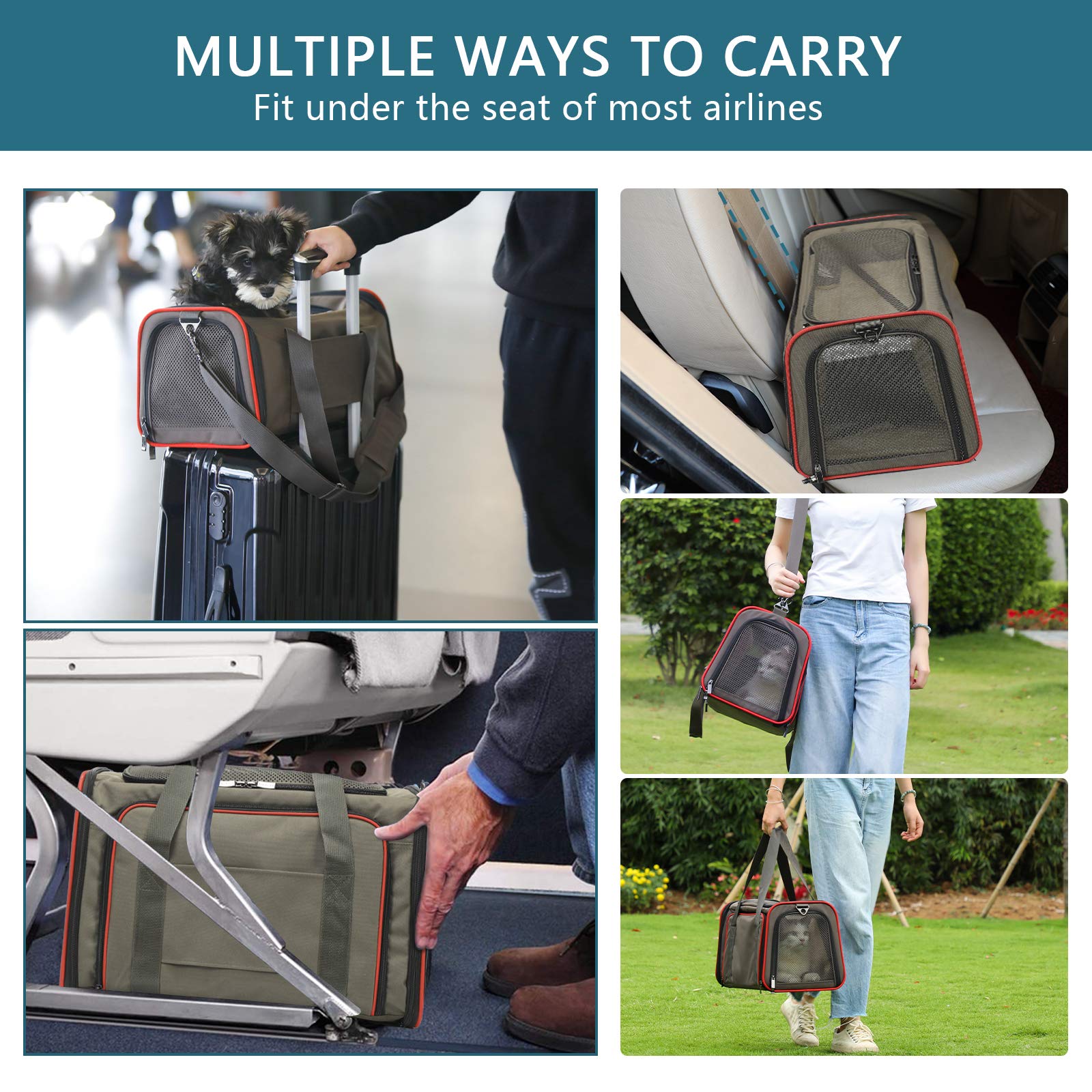 Petsfit Expandable Cat Carrier Dog Carriers,Airline Approved Soft-Sided Portable Pet Travel Washable Carrier For Kittens,Puppies,Removable Soft Plush Mat And Pockets,Locking Safety Zippers