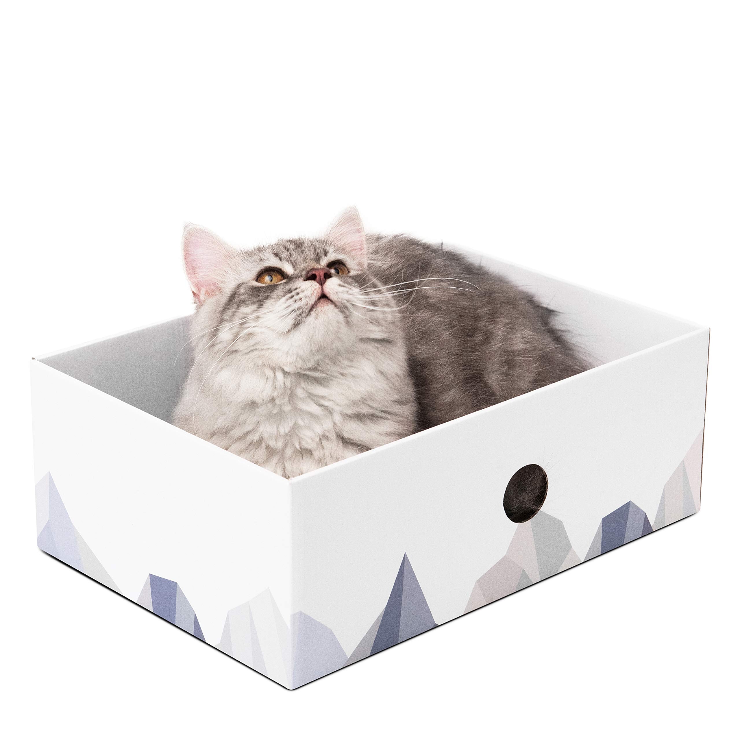 Conlun Cat Scratcher Box With Cat Scratching Pad Portable 3-Layer Corrugated Cardboard Lounger Heavy-Duty Double-Sided Cardboard Cat Scratcher And Interactive Hole Design White (Medium)