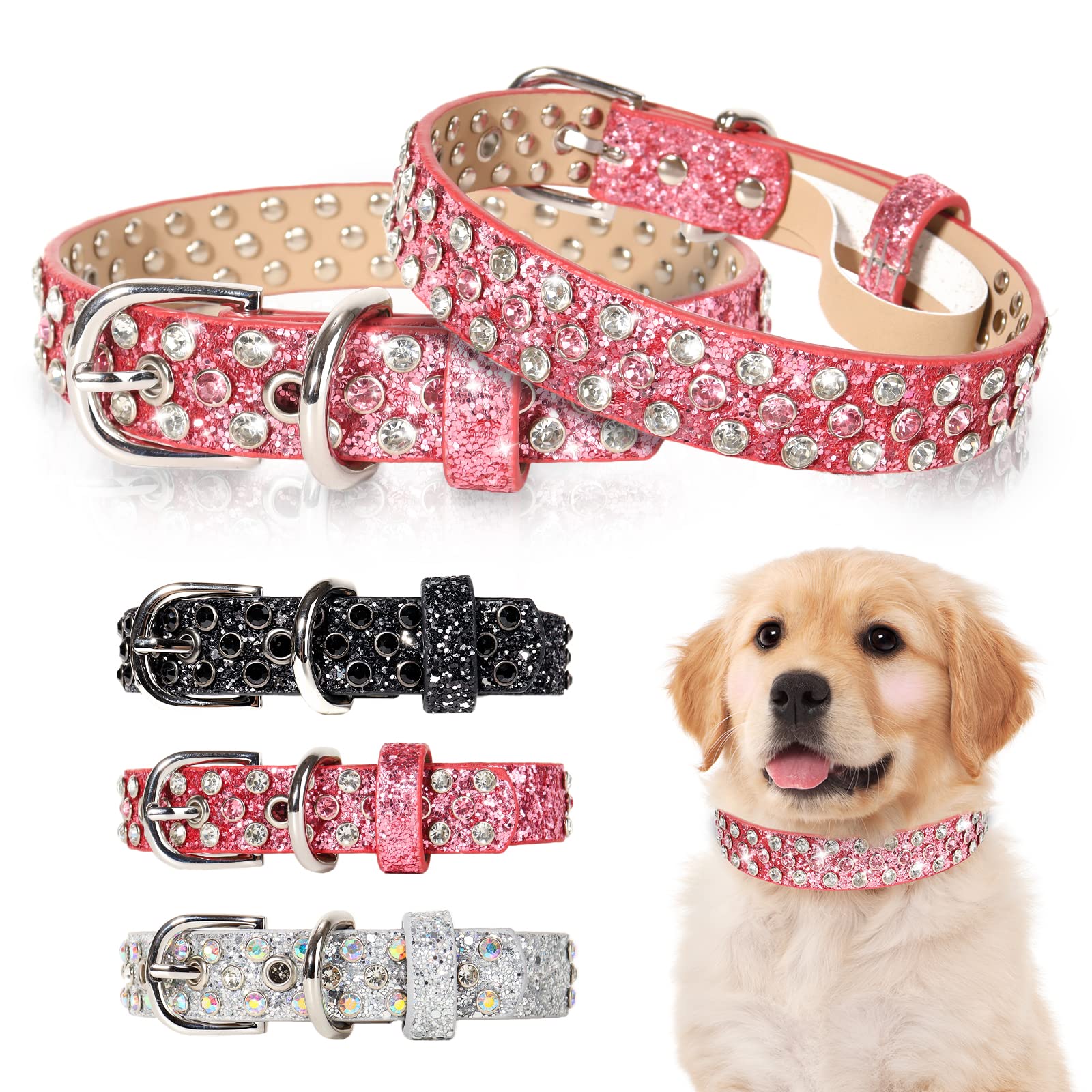 Octbersieg Rhinestone Leather Dog Collar Bling Dog Collars For Small Medium Large Dogs - Soft Microfiber Leather With Adjustable