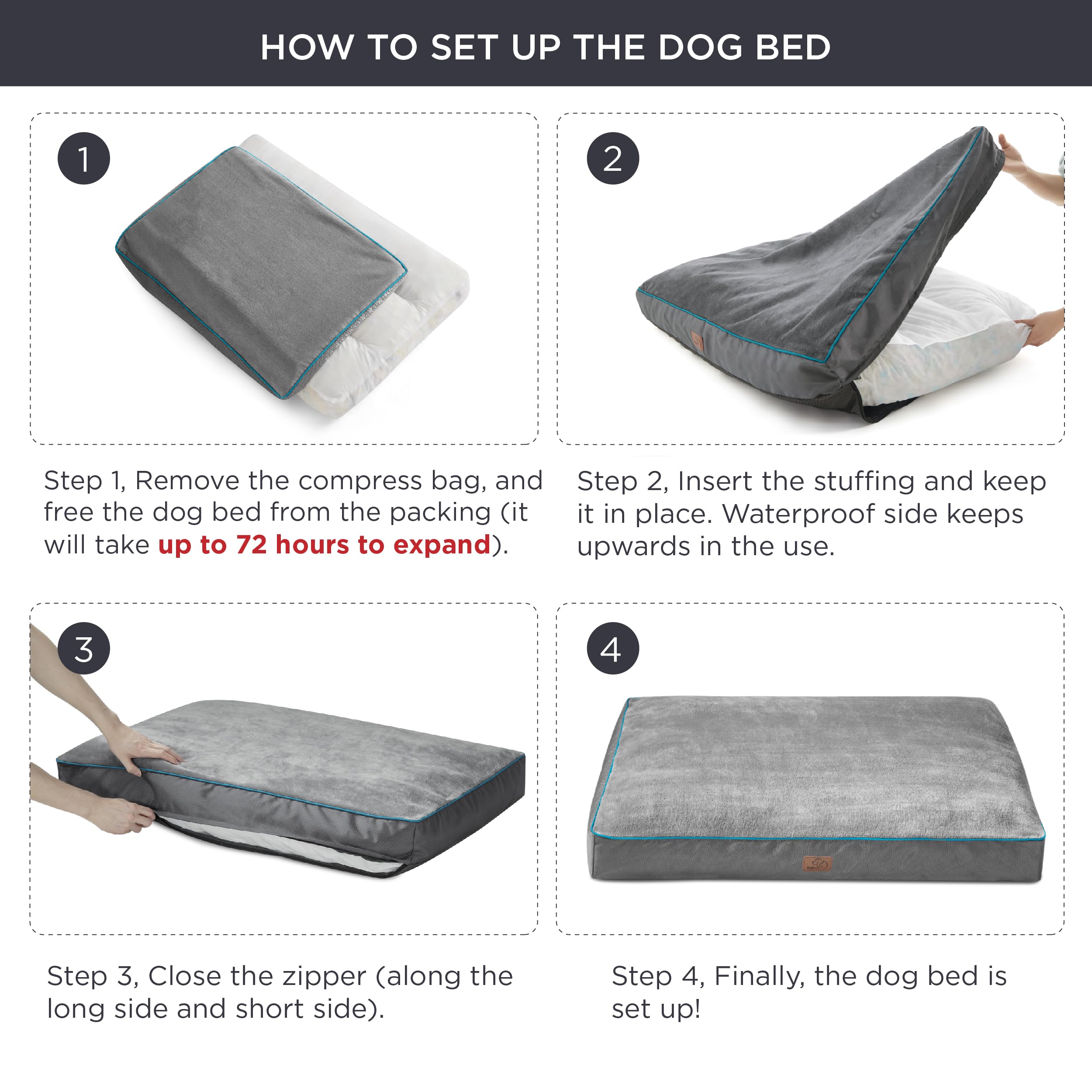 Bedsure Waterproof Dog Beds For Large Dogs - 4 Inch Thicken Up To 80Lbs Pet Mat Pillows With Removable Washable Cover, Grey