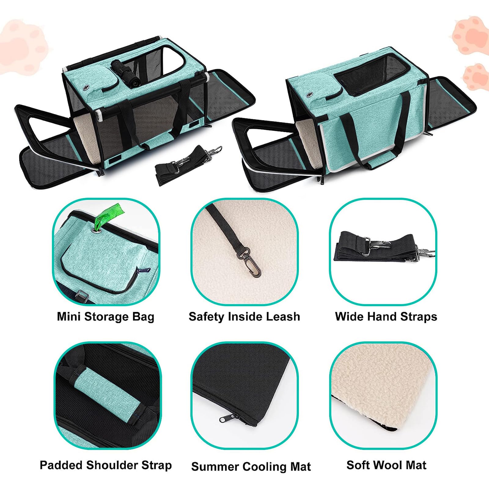 Gapzer Small Dog Carrier For Puppy Yorkshire Softshell Car Transport Chihuahua Carry Cage 18-Inch Collapsible Doggie Vet Visit Crate Easy Load Roomy Pet Carrier Bag Kennel Dog Essentials Teal