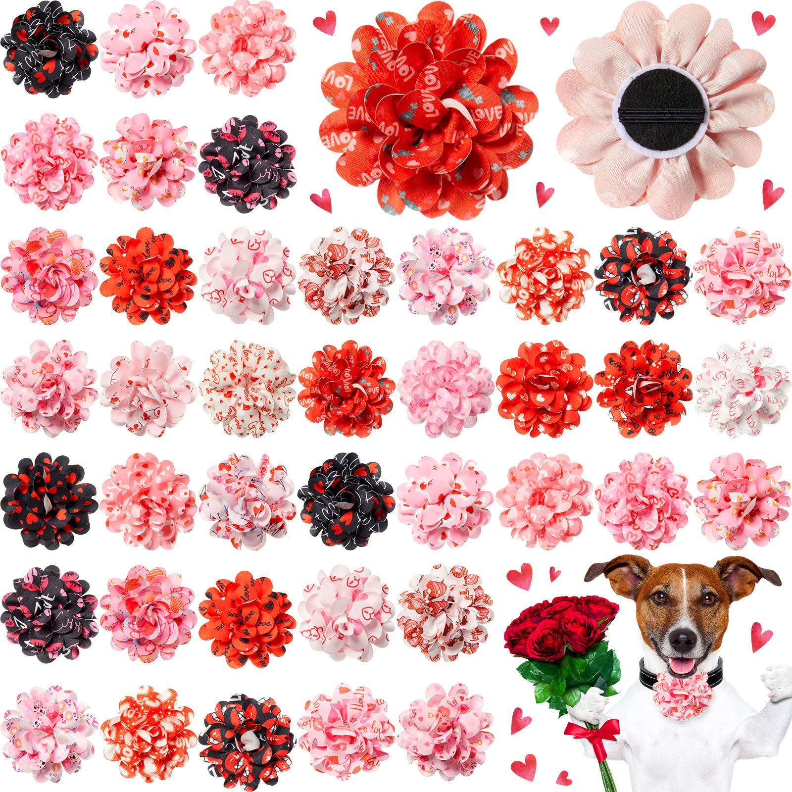 Lyrow 100 Pcs Valentines Day Dog Collar Flowers Bulk Dog Charms Grooming Accessories Pink and Red Heart Bow Tie Flower for Puppy