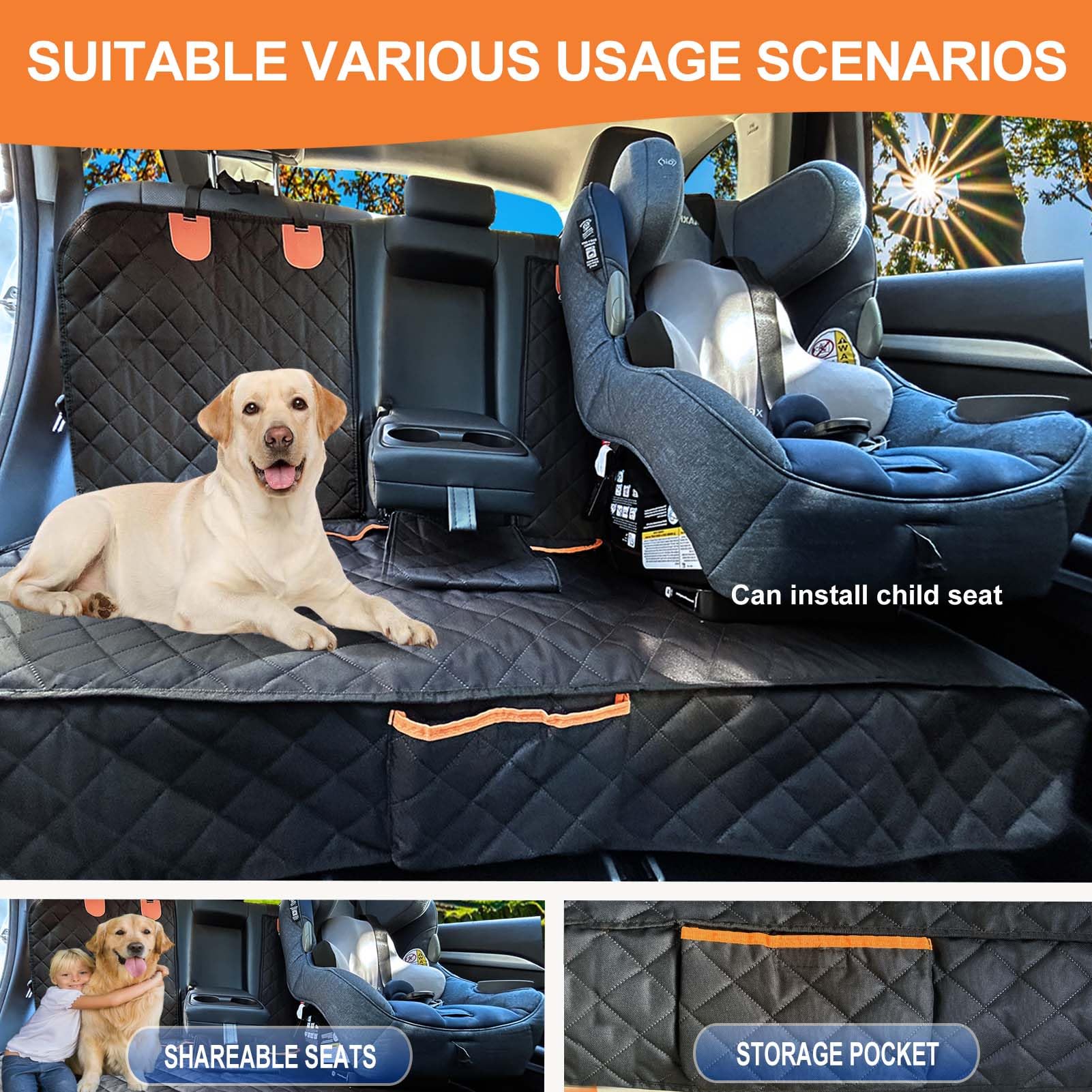EasyHaWei Dog Car Seat Cover for Back Seat Bench Cover, Compatible for Armrest 100% Waterproof & Nonslip Backseat Protector for
