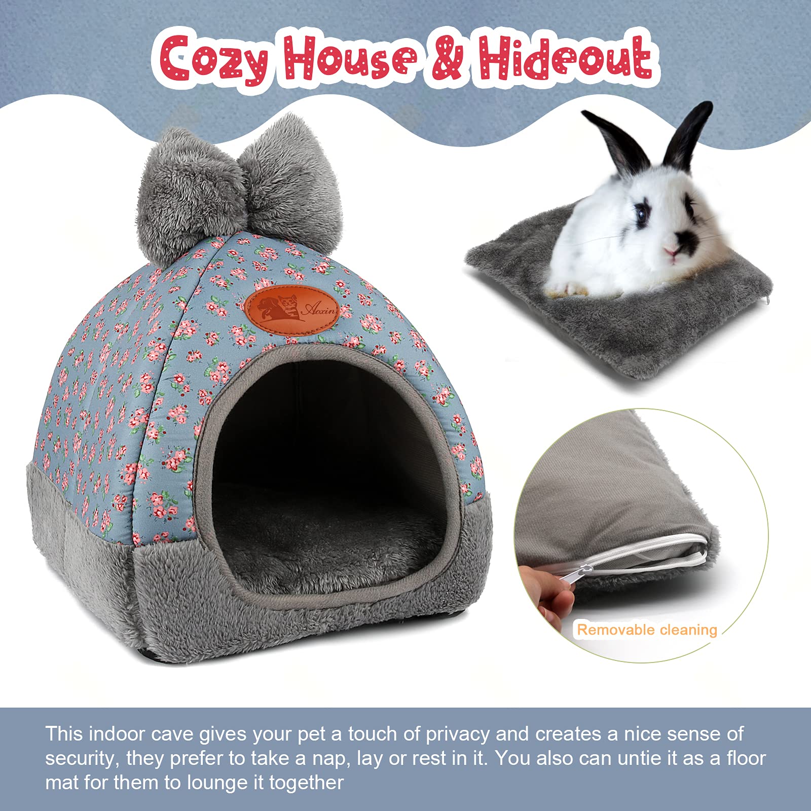 Yuepet Bunny Bed Warm Guinea Pig Cave Beds Cute Bowknot House Big Hideouts Cage Accessorie For Dwarf Rabbits Hamster Bunny Ferrets Rats Hedgehogs Chinchilla（Blue）