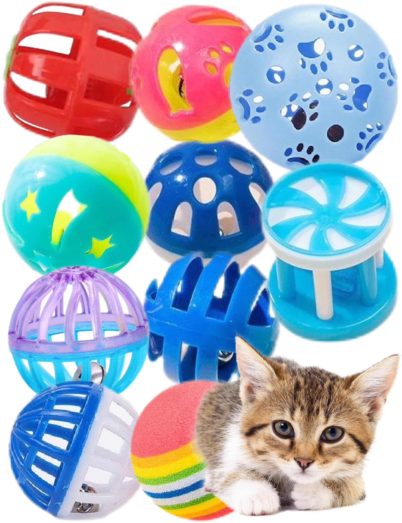 Heuhai 10 Pcs 1.5''~2.3'' Big Cat Toy Ball With Bell, Plastic Lattice Jingle Balls, For All Breed Sizes