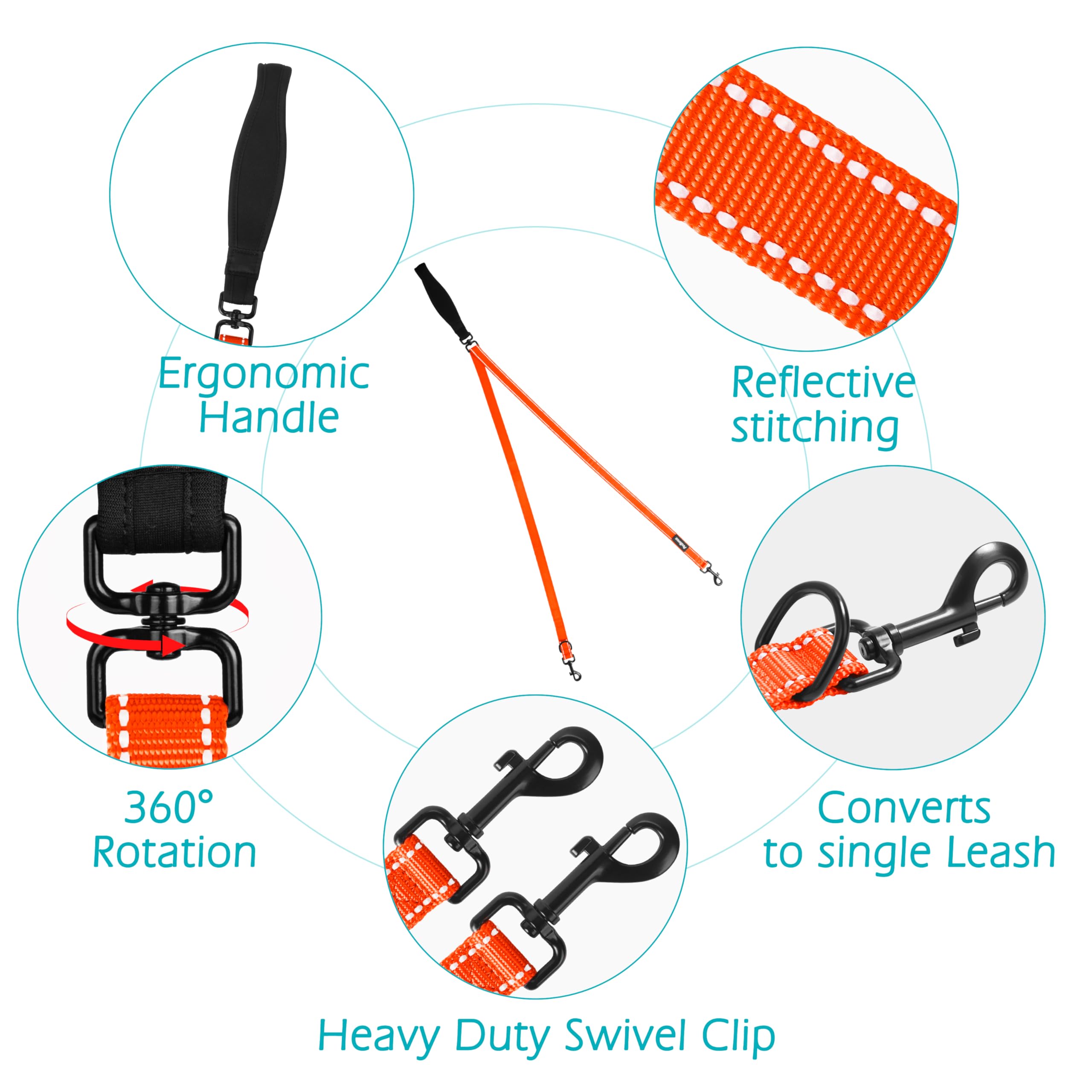 Petbonus Two Point Control Dog Leash, Works With No Pull Harnesses, No Tangle Training Leashes, Soft Padded And Reflective Walki