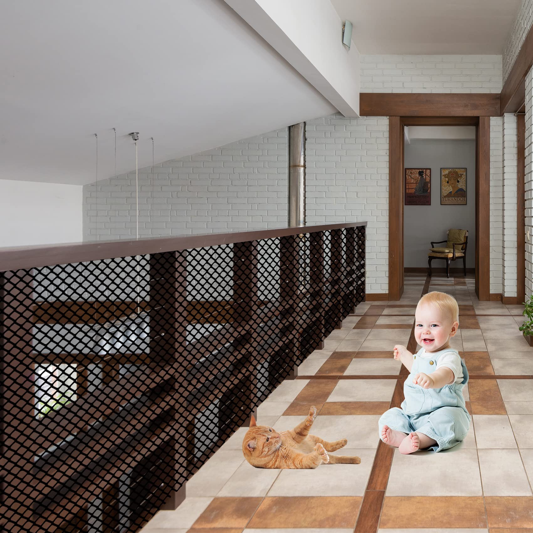 JIFTOK Baby Gate for Stairs, Banister Guard for Kids, Pets, Toys, 59ft L x 2.66 ft H, Mesh Netting Safety Net for Balcony Rail S