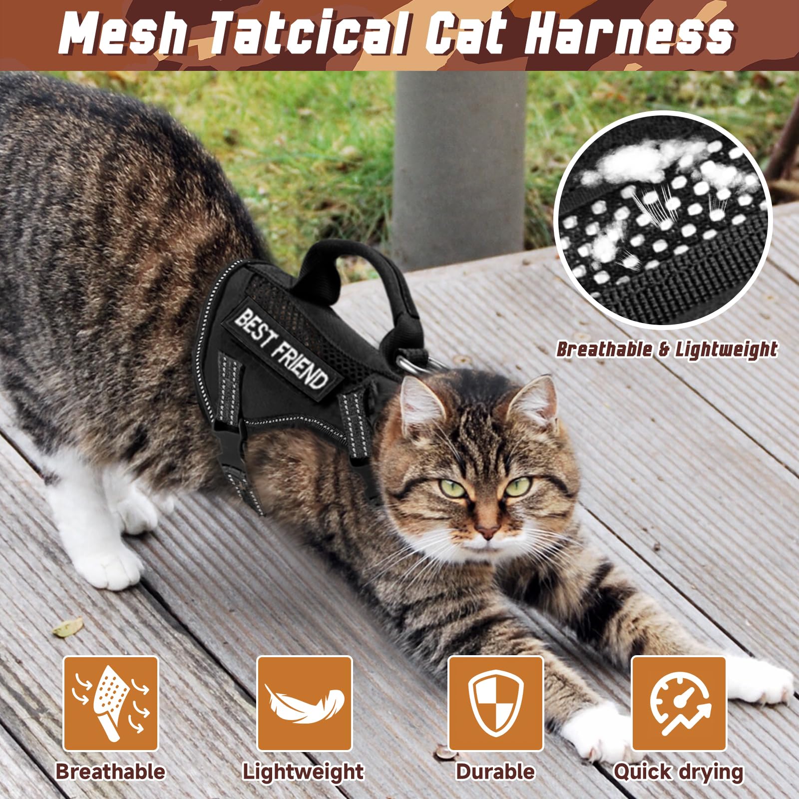 SALFSE Extra Large Tactical Cat Harness with Handle, Air Mesh Adult Cat Walking Vest Harness Escape Proof, Reflective (Black, XL