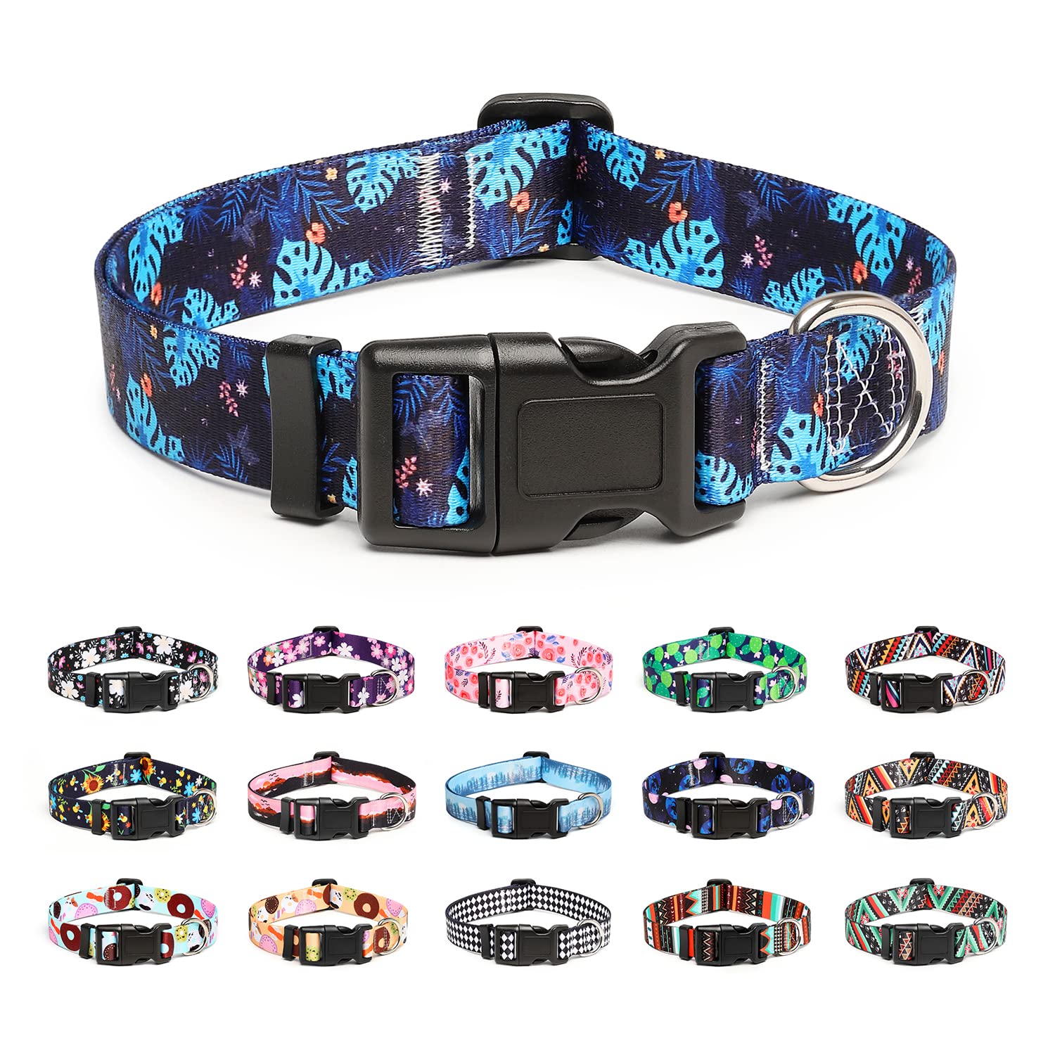 Mercano Adjustable Dog Collar - Special Design Patterns, Soft Nylon Comfortable Durable Pet Collar For Small Medium Large Dogs (M, Monstera)