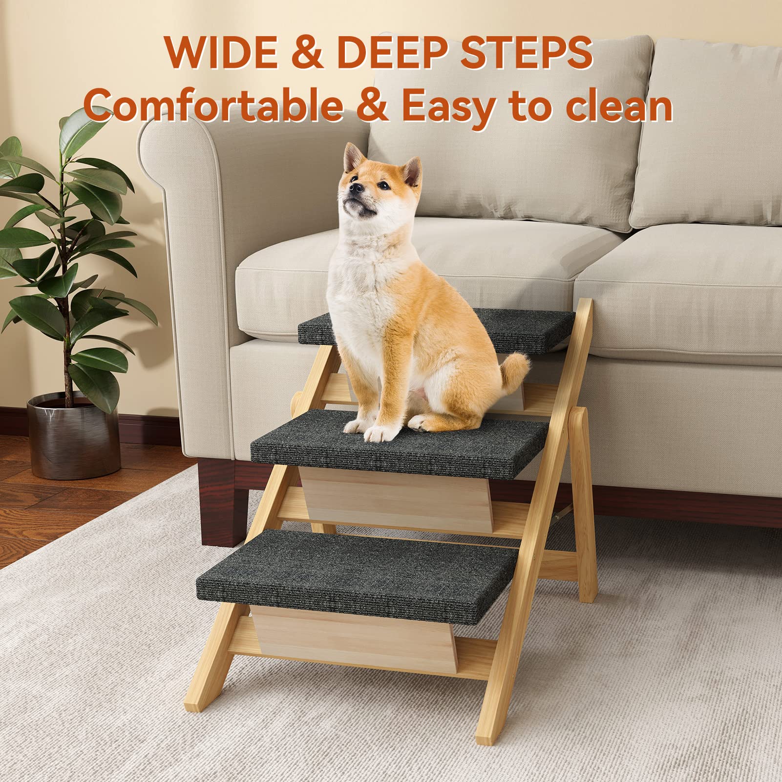 Runlexi Pet Stairs/Steps, Medium Dogs Steps For High Beds, Sofa, Couch, Car, 2-In-1 Foldable Wood Dog Ramp With Non-Slip Pads, S