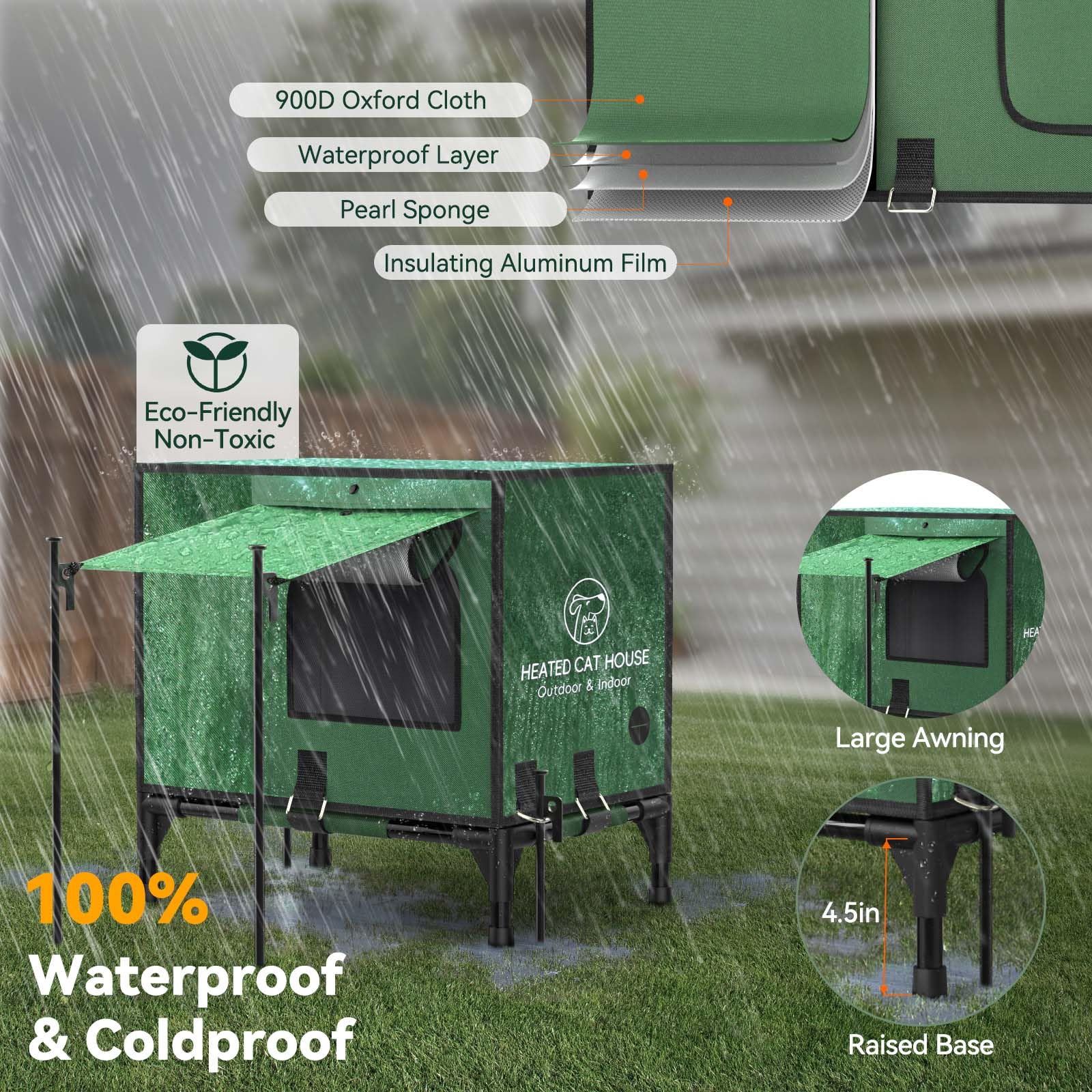 Pawaboo Indestructible Heated Cat House For Outdoor In Winter, 100% Waterproof Awning & Elevated Base, Insulated Outdoor Cat She