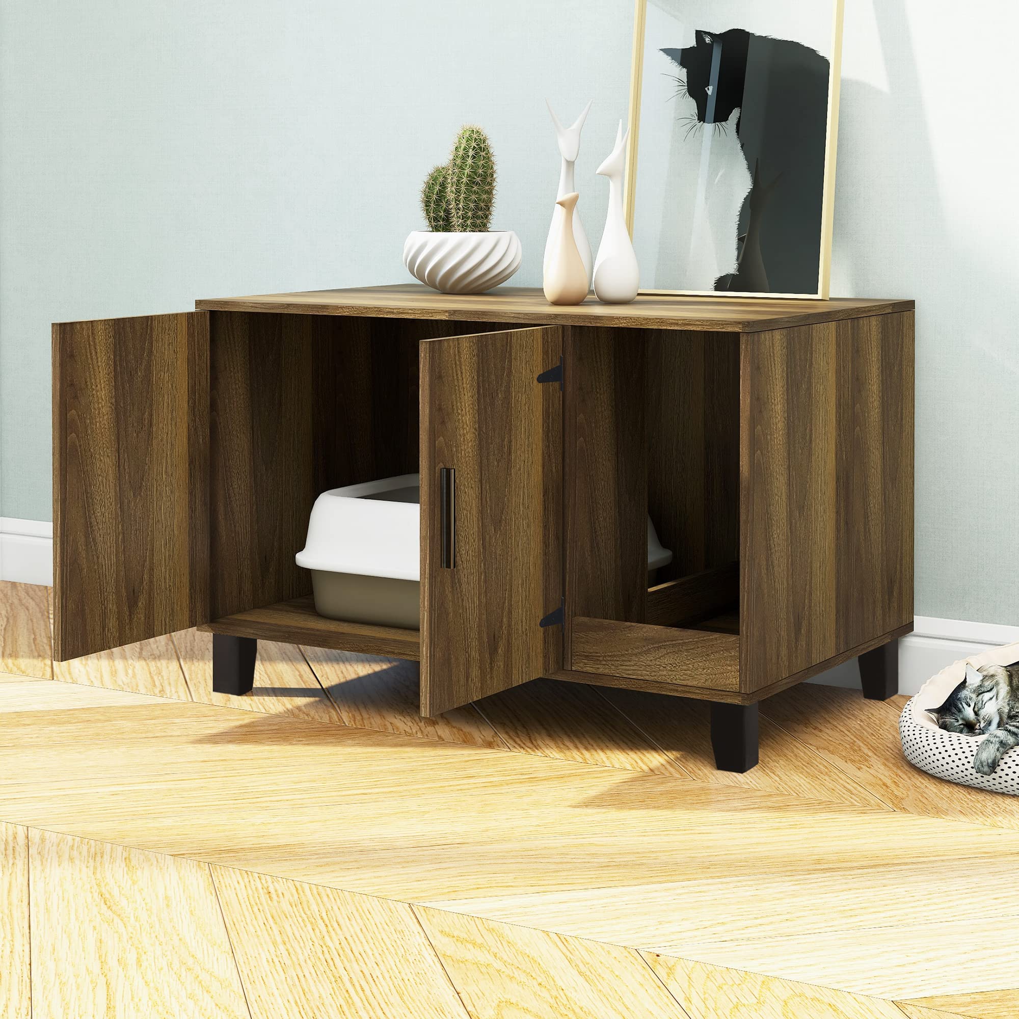 Taohfe Litter Box Enclosure Cat Litter Box Furniture Hidden With Cat Scratch Pad Decorative Farmhouse Wooden Hidden Litter Box Cat House Litterbox Furniture Cat Box Furniture Litterbox Cabinet