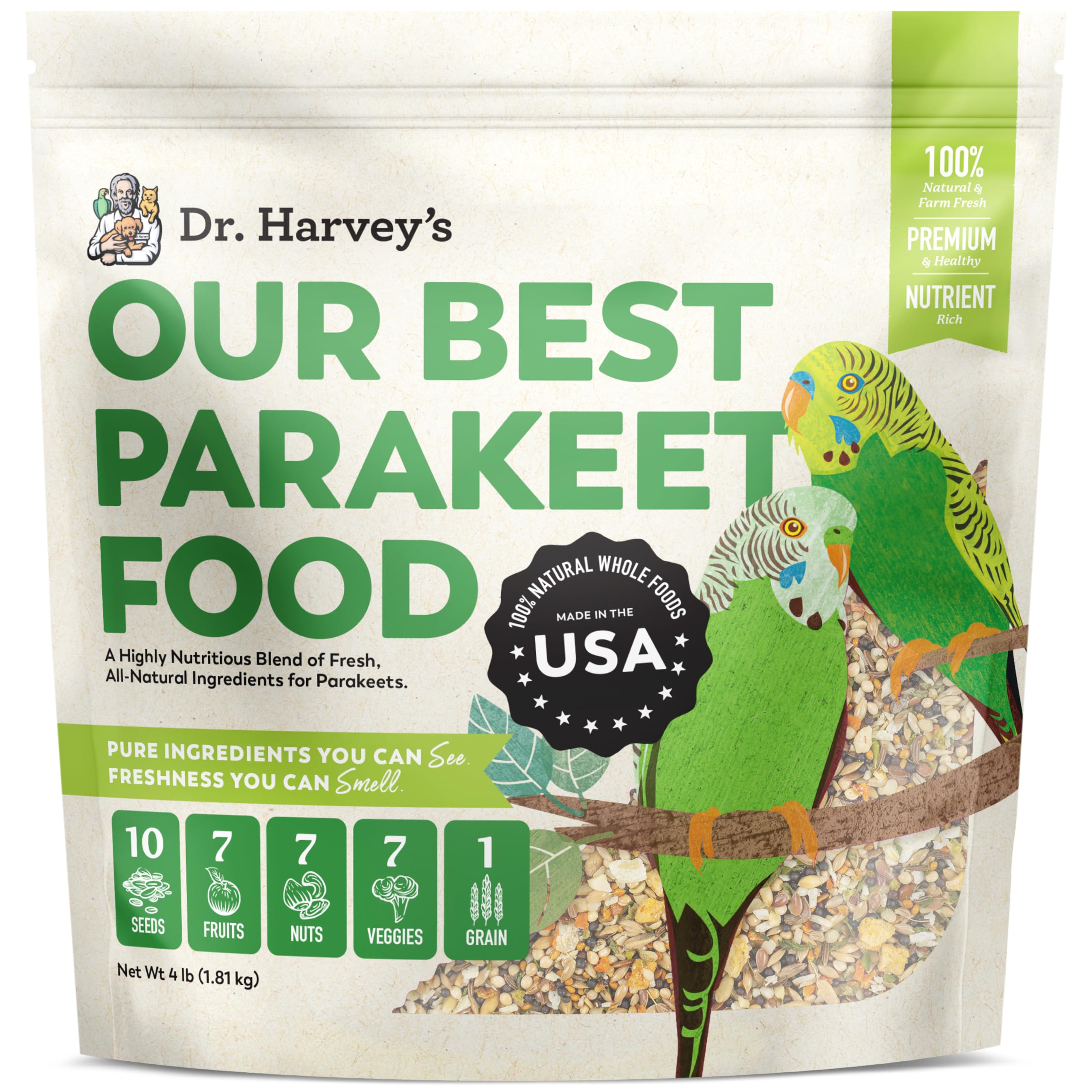 Dr. Harveys Our Best Parakeet Food, Wholesome Seeds, Nuts, Fruits, and Vegetable Bird Feed for Budgies and Parakeets (4 Pounds/