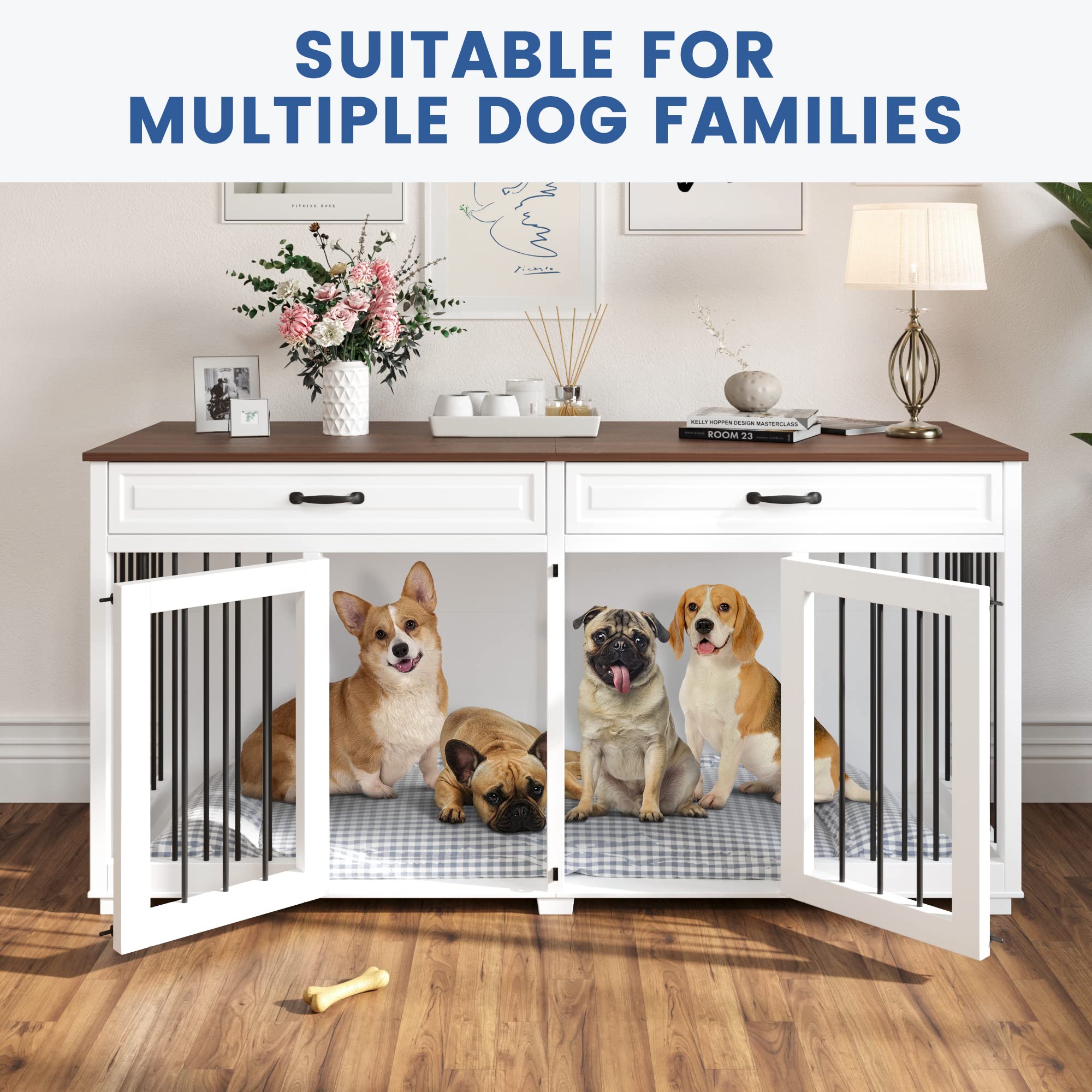 Super Large Dog Crate Furniture, 92.9  Wooden Dog Crate Kennel with 4 Drawers and Divider, XXXL Heavy Duty Dog Crates Cage Furni