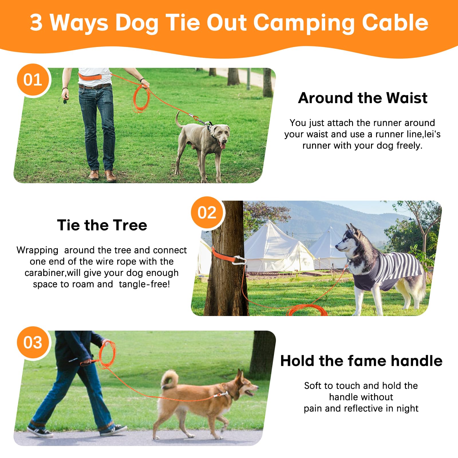 Furggis Long Dog Leash, Chew Proof Tie Out Cable, Heavy Duty 30FT, Orange, Durable PVC, Padded Handle for Medium Large Dogs