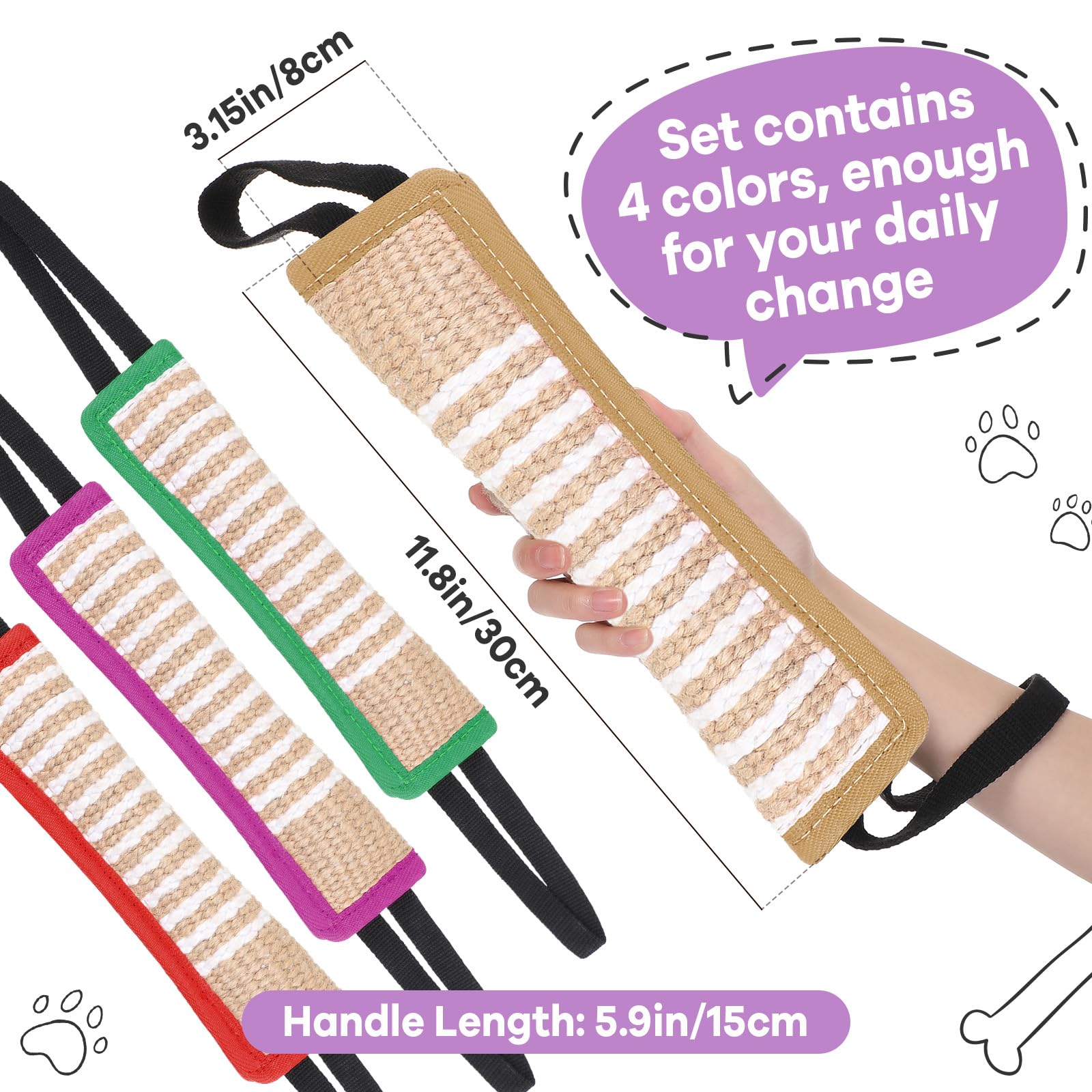 Kacctyen 4Pc Dog Toy - Jute Tug Rope With 2 Handles - Perfect For Small To Large Dogs - Interactive Training & Play - Purple, Gr