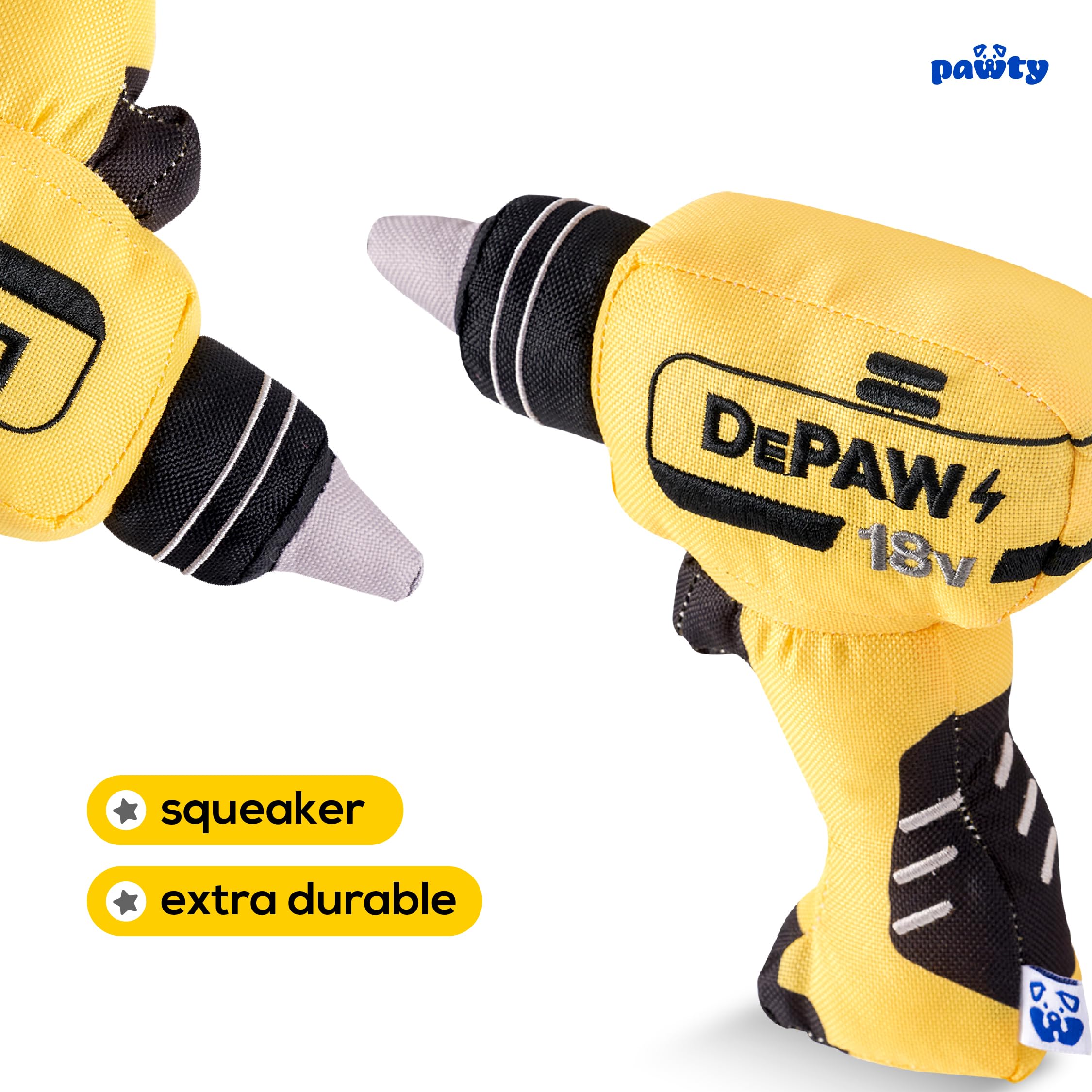 Pawty Tool Kit Paw-Er Drill Dog Toy - Interactive Plush Parody Enrichment Toy - Cute Unique Design Birthday Gift - Small Medium