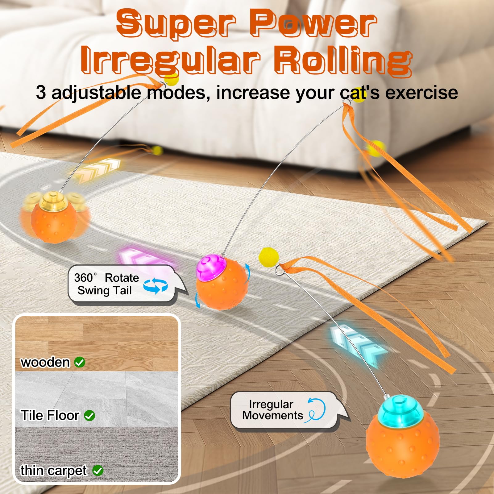 Waaiio Interactive Cat Toy Ball, Touch Activated Cat Toys For Indoor Cats With Chirping Bird, Automatic Rolling Ball, Rechargeab