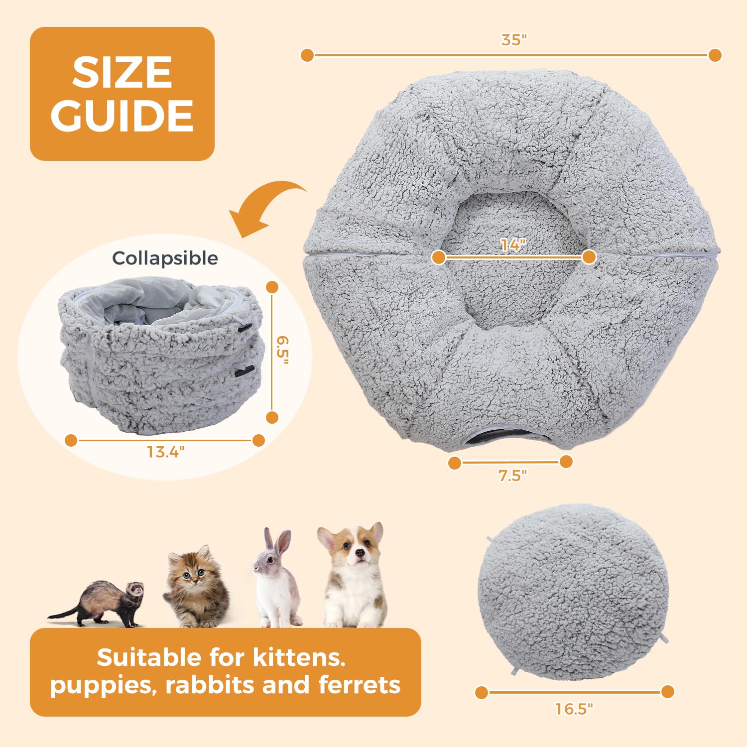 Pequlti Cat Tunnel With Bed For Indoor Cats, Cat Play Donut Tunnel With Washable Soft Plush Mat, Round Cat Tunnel Toys Cute Cat
