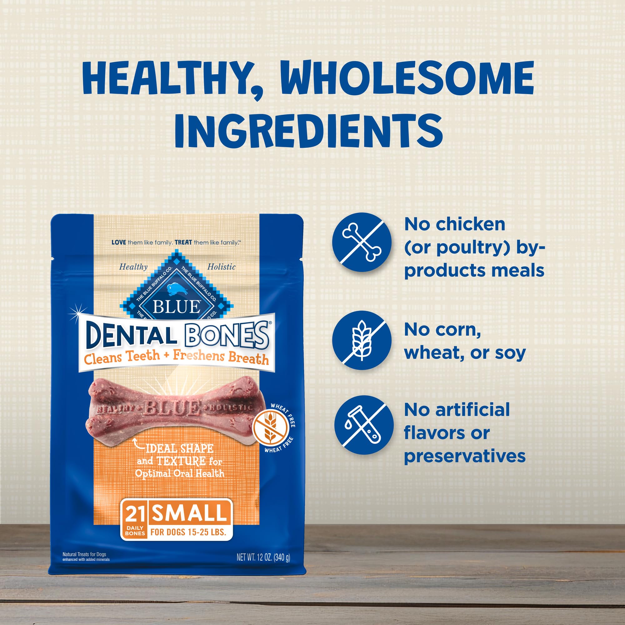 Blue Buffalo Dental Bones Small Natural Dental Chew Dog Treats, (15-25 lbs) 12-oz Bag