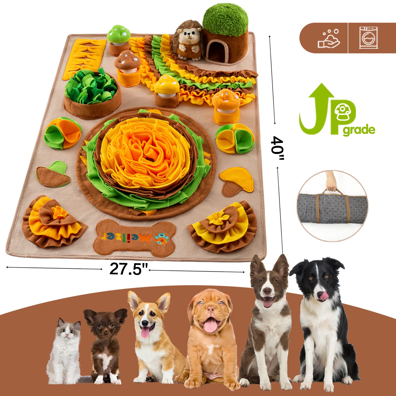 Meilzer Large Snuffle Mat for Dogs 40'' x 27.5'' Sniff Mat with Hedgehog Puzzle Toy Squeaky Mushrooms Interactive Toys Portable