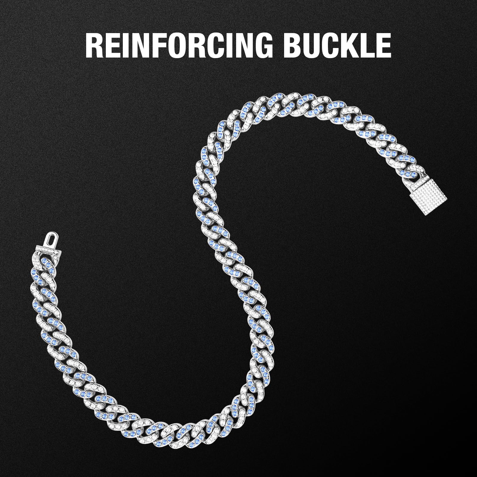 Wimupath Silver-Plated Blue Diamond Dog Collar - Cuban Style Metal Chain With Secure Buckle, Luxury Durable Collar For Small/Med