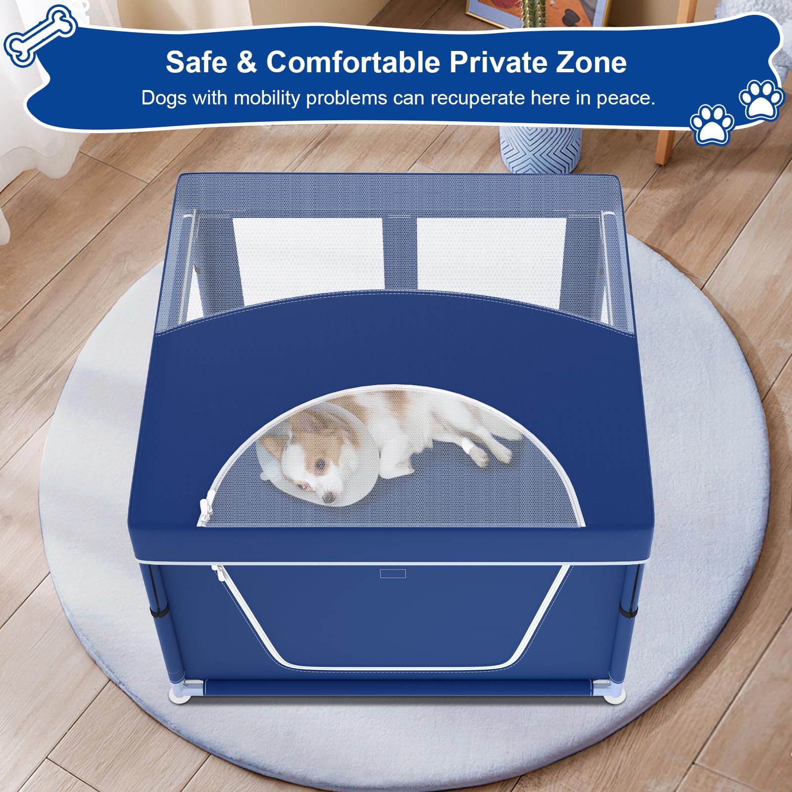 Xvishx 42X42X26 Inches Blue Puppy Playpen With Top Cover, Dog Playpen For Small Dogs, Sturdy Safety Dog Pen With Thickened Fabri