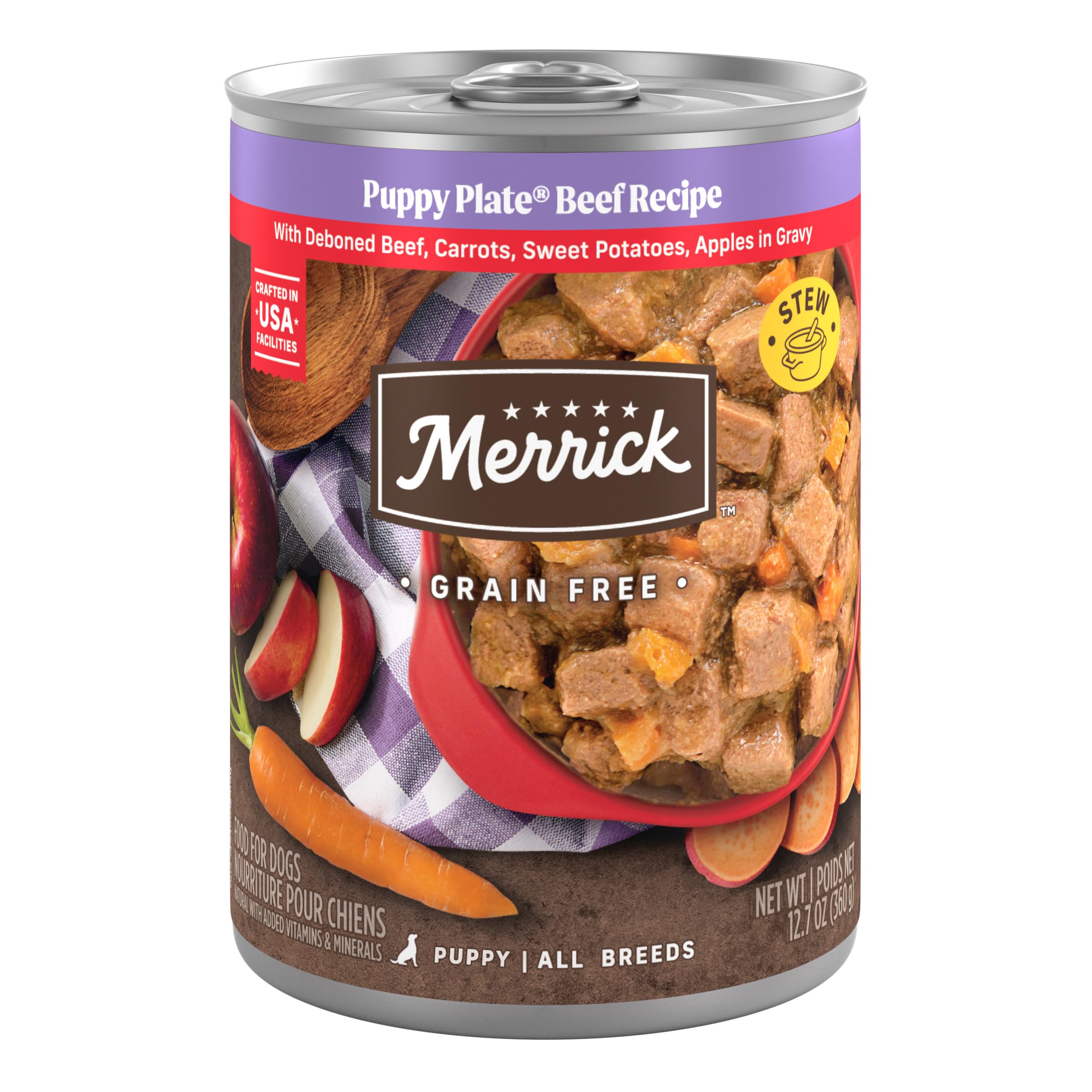 Merrick Grain Free Wet Puppy Food, Premium Soft And Gluten Free Canned Dog Food, Puppy Plate Beef Recipe - (Pack of 12) 12.7 oz.