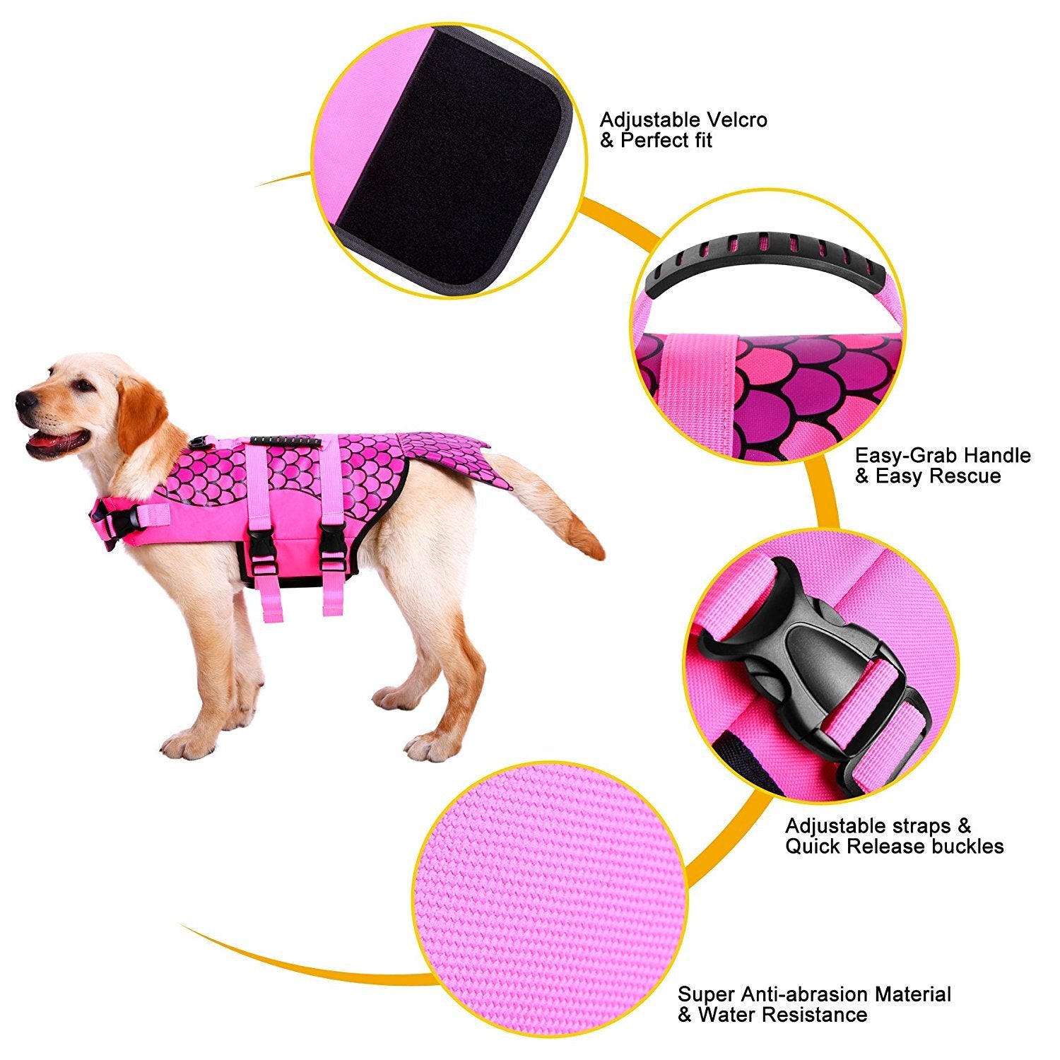 Queenmore Dog Life Jacket Ripstop Shark Dog Safety Vest Adjustable Preserver With High Buoyancy And Durable Rescue Handle For Small,Medium,Large Dogs, Pink Fish Large