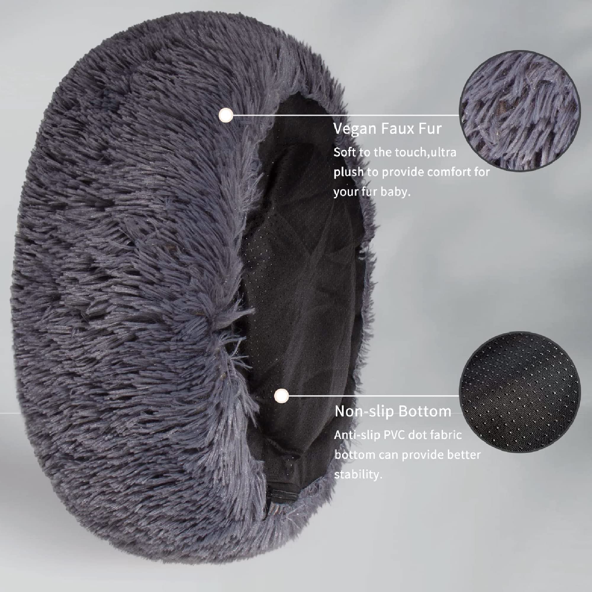 Puppy Bed For Calming Dog 23 Inches Dark Gray Anti-Anxiety Donut Dog Bed For Small Medium Dogs Washable Fuzzy Dog Bed Fits Up To