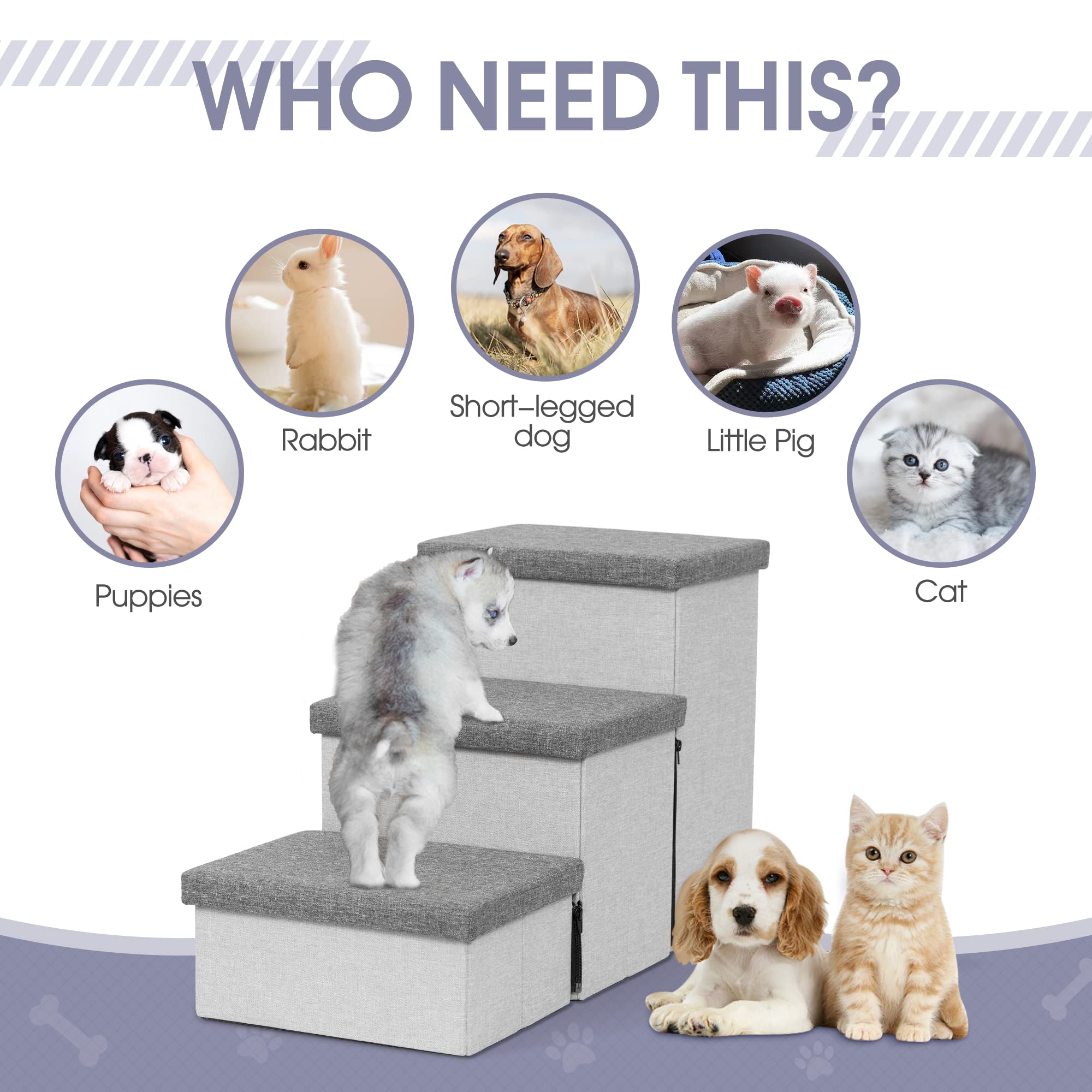 Heeyoo Dog Stairs with Storage, Foldable Dog Steps for Small Dogs, 3 Tiers Non-Slip Pet Stairs for High Beds Or Couch and Sofa,