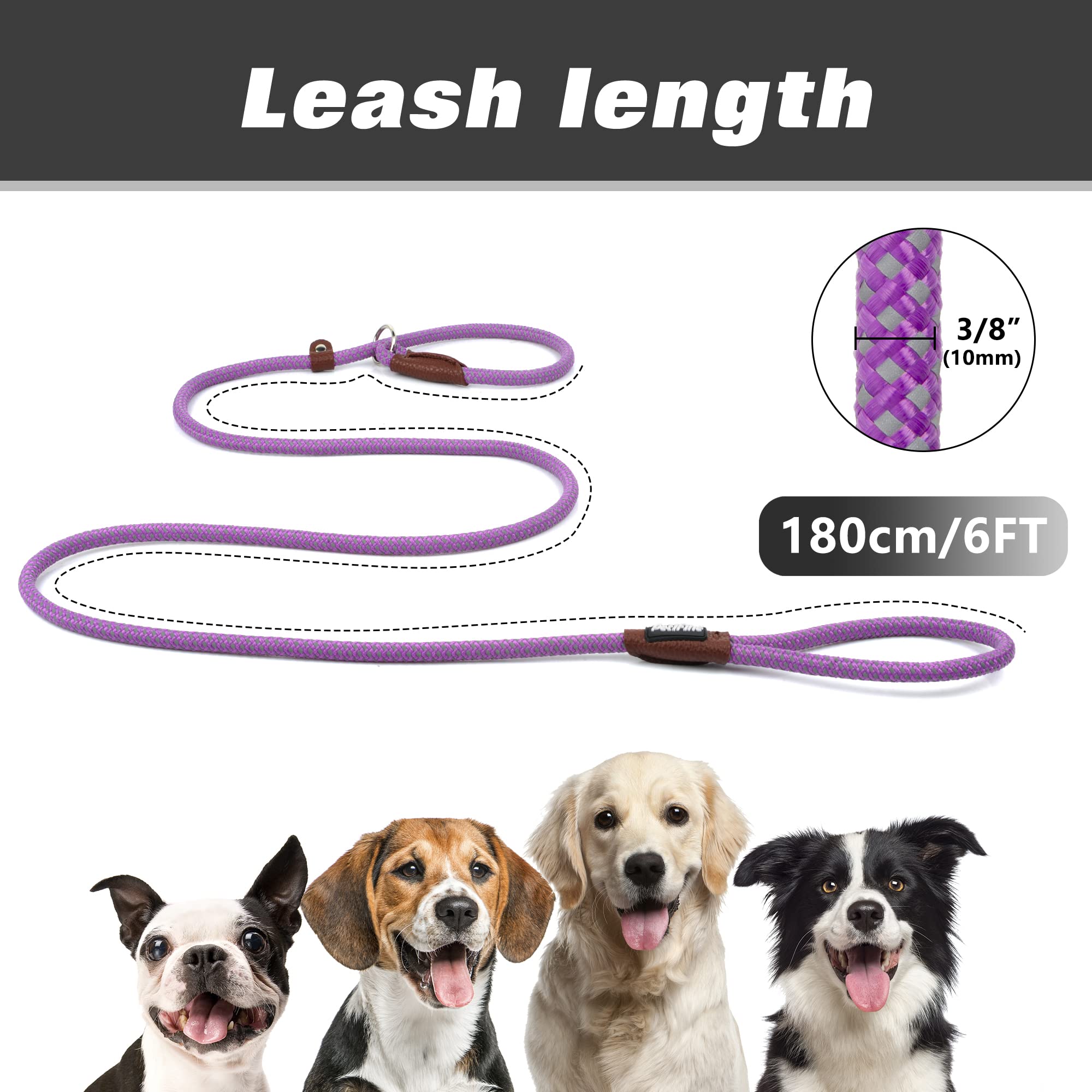 Petifine 6 Ft Slip Lead Dog Leash, Full Reflective Dog Training Leash, Heavy Duty Adjustable Pet Nylon Slip Rope Lead For Small Medium Large Dogs (3/8' -6 Ft, Purple)