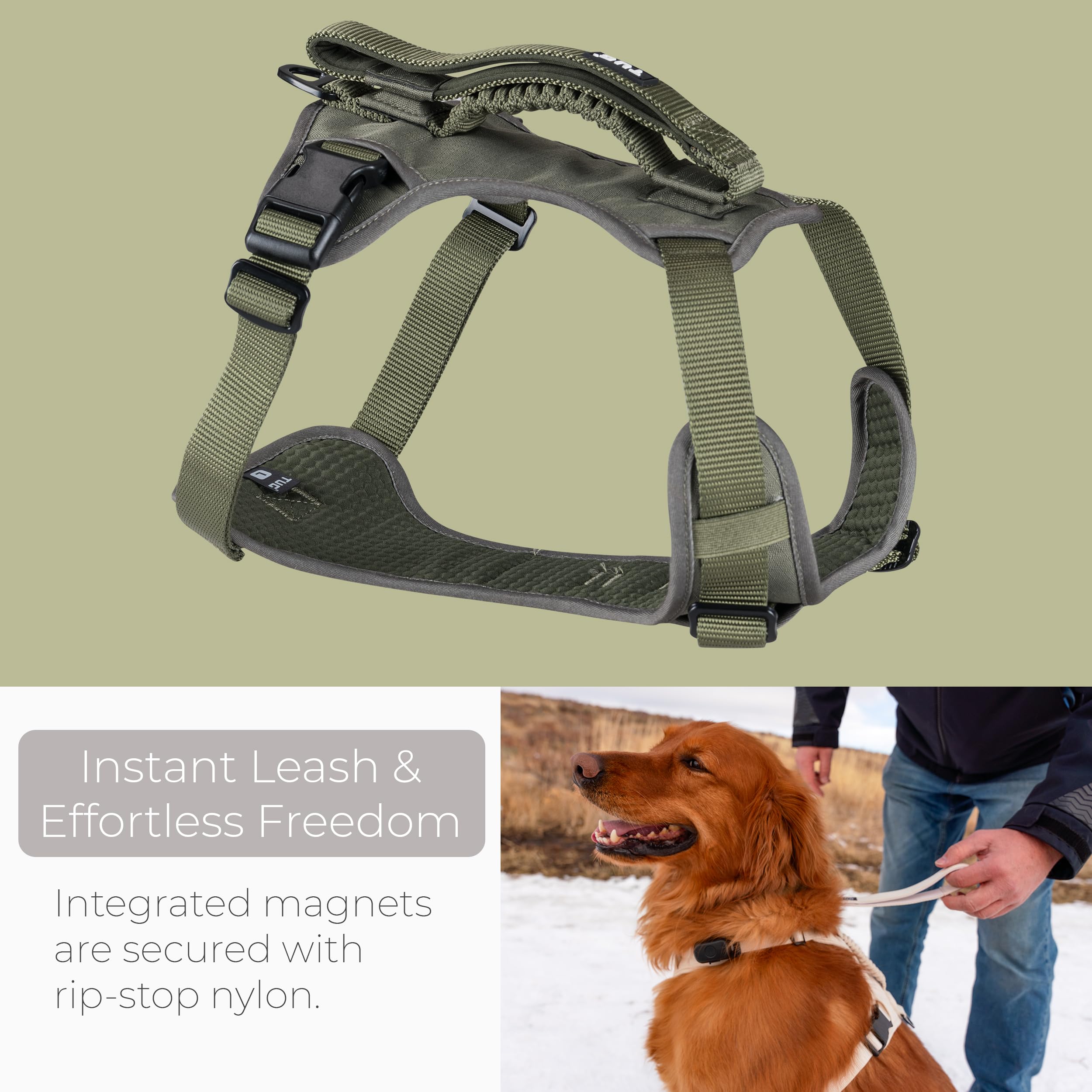 Tug Grab Dog Harness | Integrated Traffic Leash Magnetically Attached For Quick Control (Small/Green)