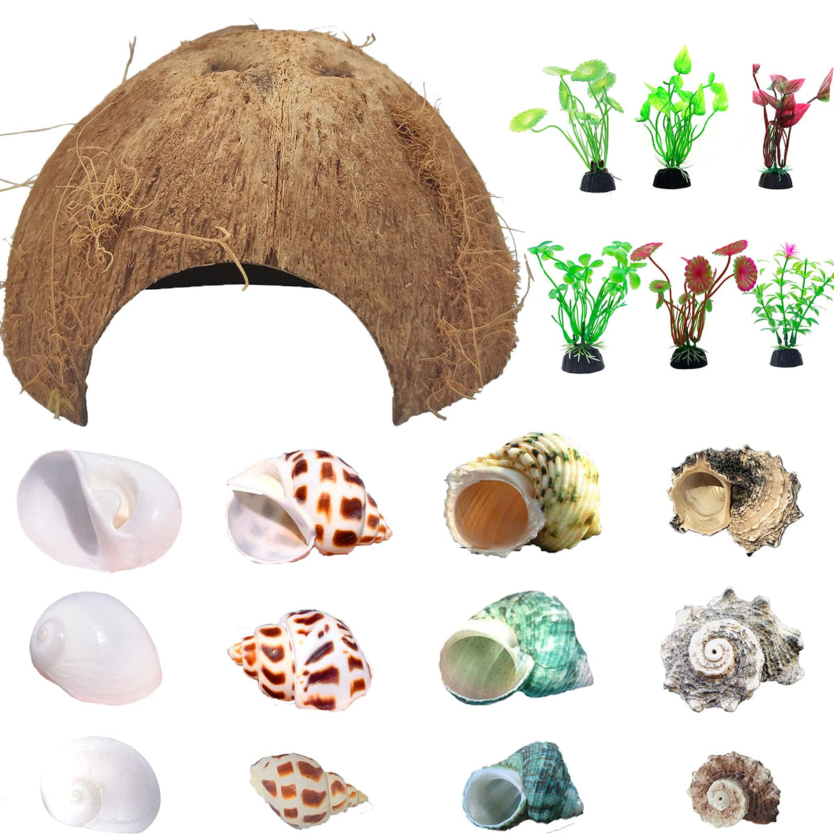 Hermit Crab Shells Natural Coconut Shell Hut Artificial Plants 19 Pcs Decoration Supplies House Tank