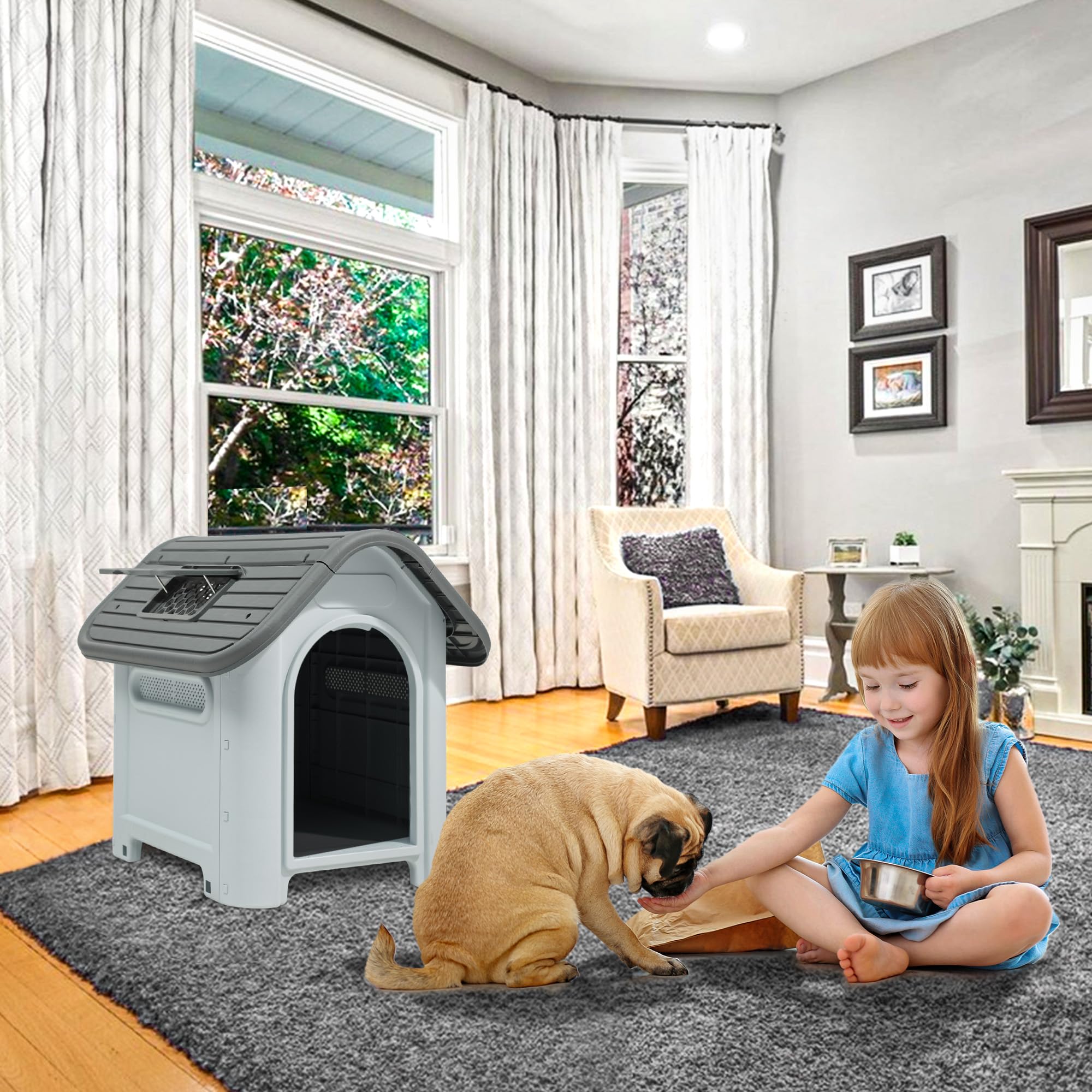 Yitahome 30'' Large Dog House Outdoor Plastic Doghouse Water Resistant Pet House With Adjustable Skylight And Elevated Base For