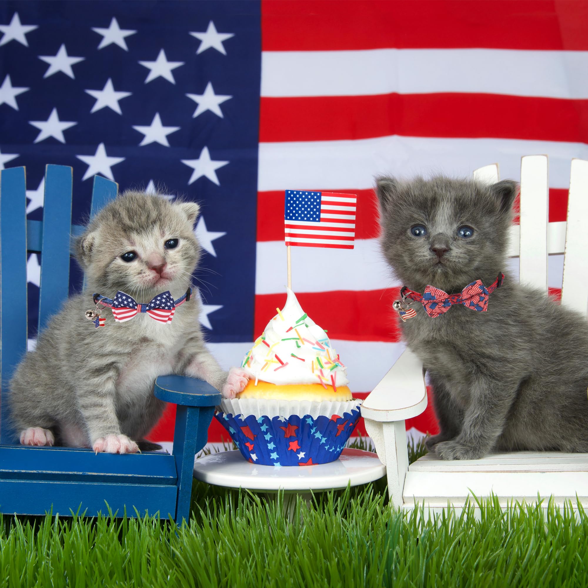 Adoggygo American Flag Cat Collars With Bow Bell, Breakaway Pet Bowtie Collar Red Blue Star Flag 4Th Of July Collars For Girl Bo
